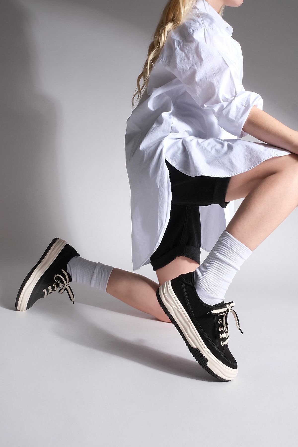 Marjin-Pantofi sport damă, cu talpă înaltă, cu șireturi, Kotnel, negru 4