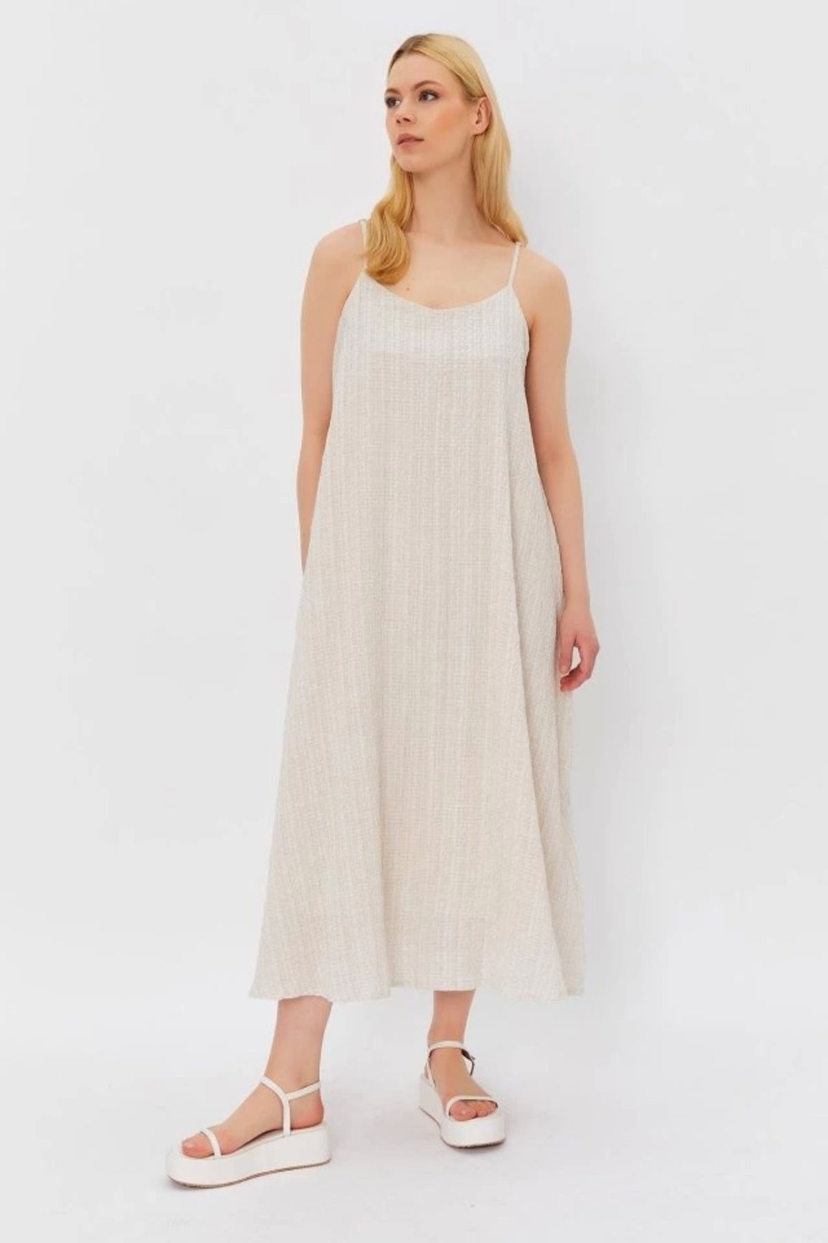 Butik Askılı Uzun Çan Elbise - Natür