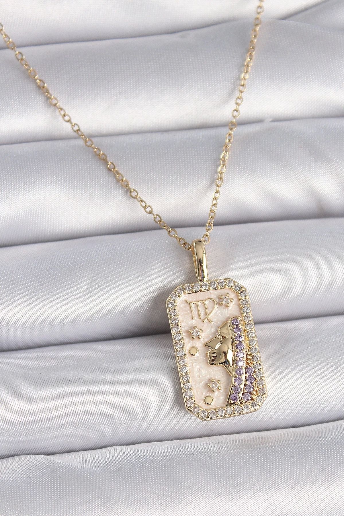 luz&pos 316L Çelik Gold Renk Zincir Başak Burcu Zirkon Taşlı Kadın Kolye