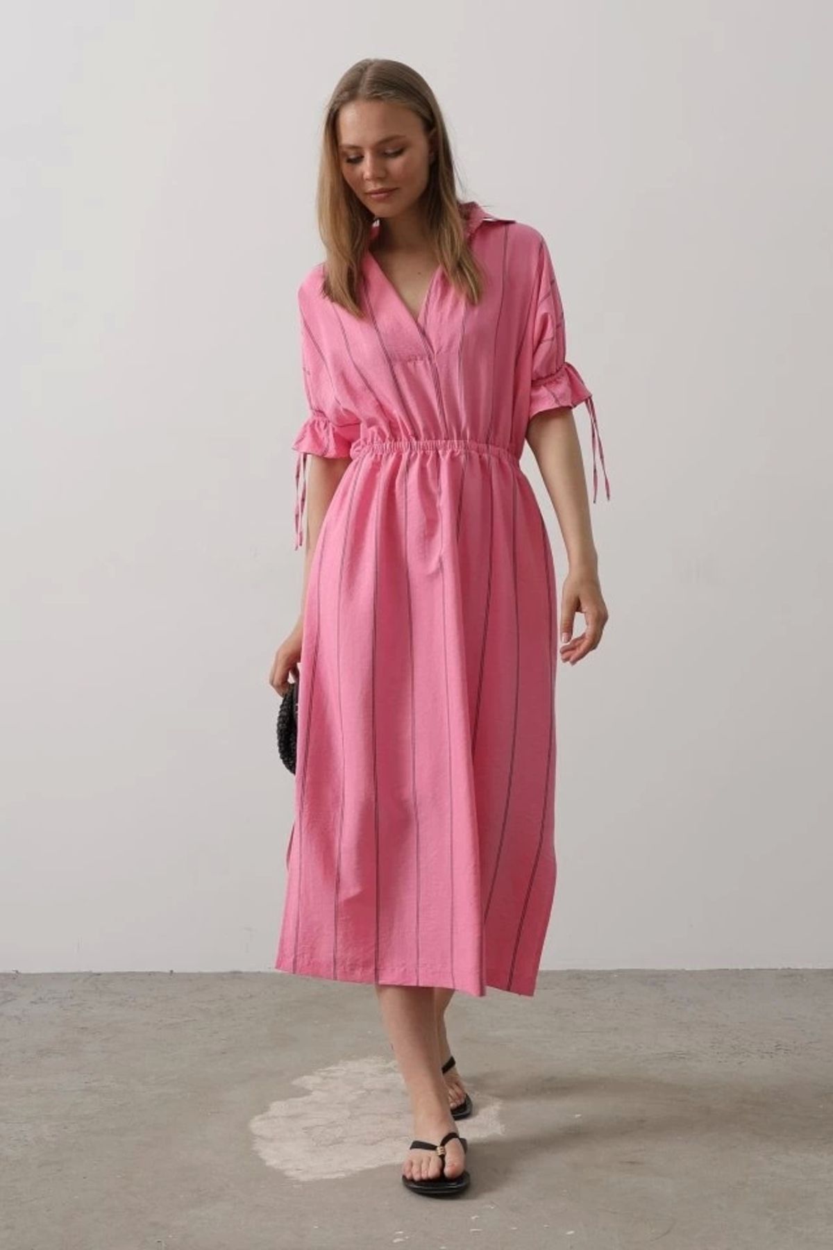 Butik Beli Lastikli Elbise - Pembe