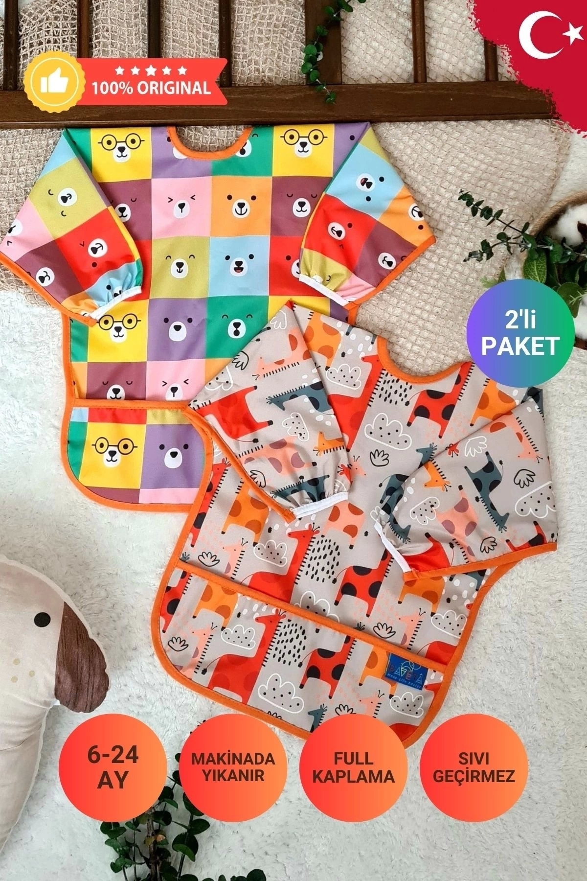 Graffe Ve Kare Ayılar Desenli 2'li Paket Sıvı Geçirmez Unisex Aktivite Ve Mama Önlüğü 6-24 Ay A2002