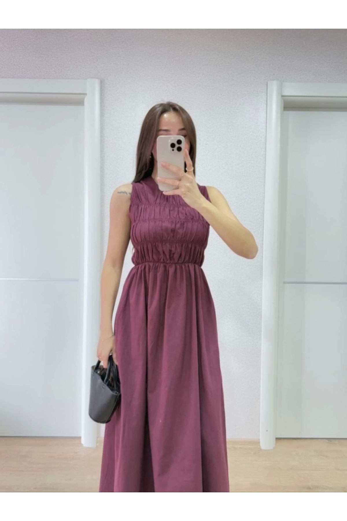 Butik Kolsuz Göğüs Lastıklı Uzun Elbise - Bordo