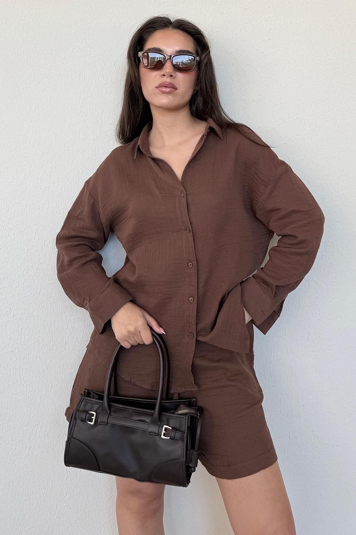 Seeh Kahverengi Basic Müslin Şort Gömlek Takım Sh230