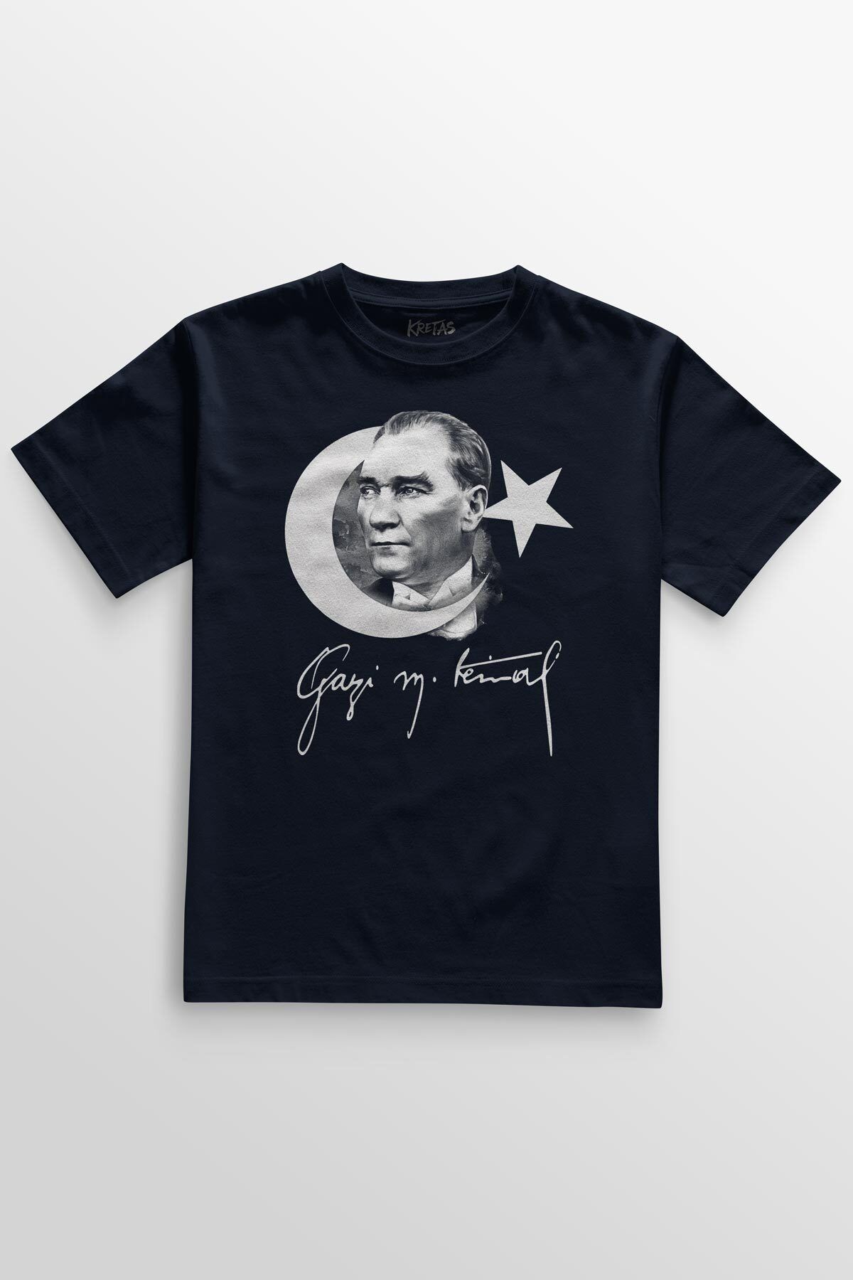 Kretas Atatürk Gazi Mustafa Kemal 10 Kasım Türk Bayrağı Baskılı Lacivert T-shirt Unisex Tişört