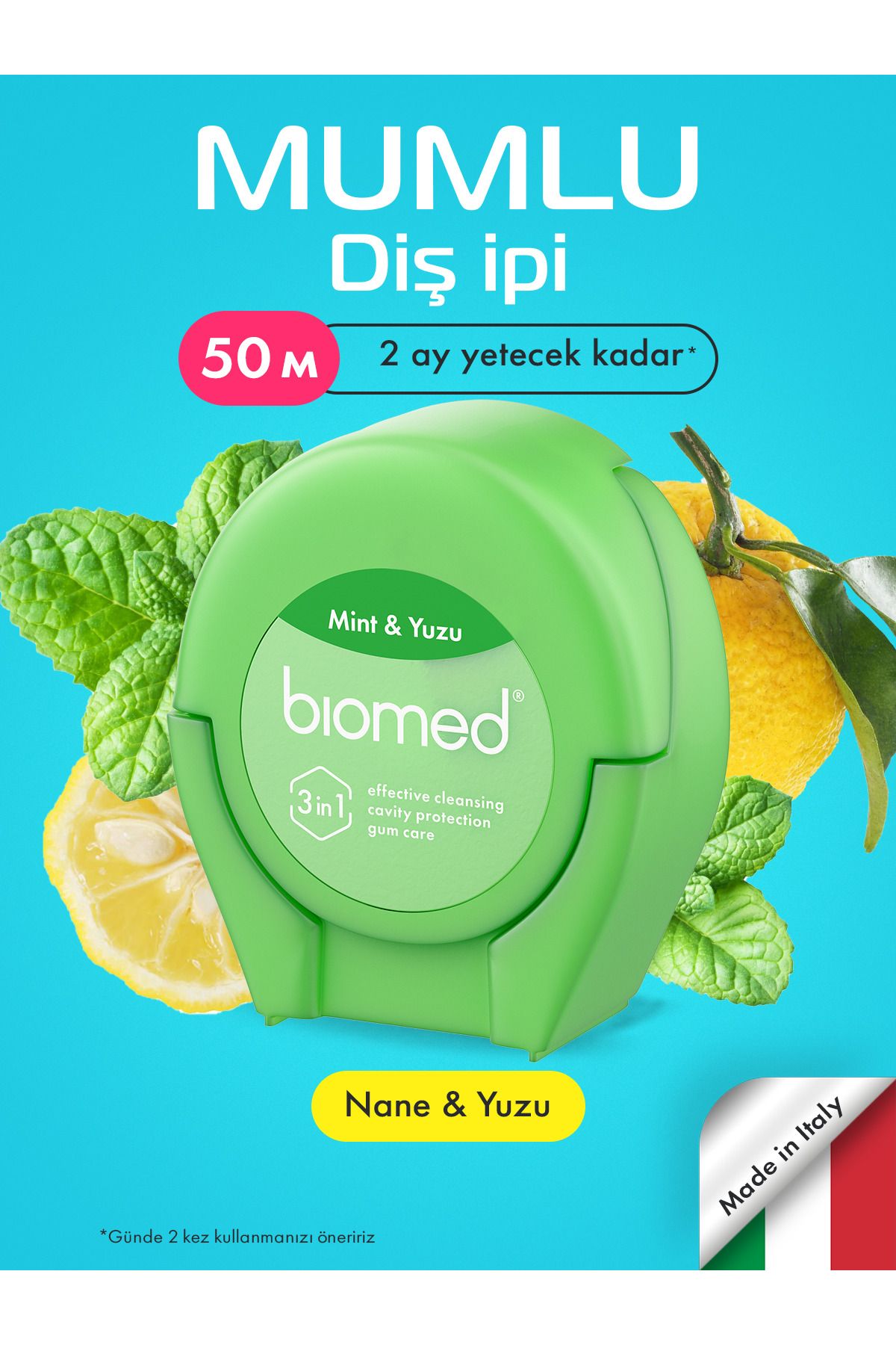 Biomed Bitkisel Mum Kaplı Lifli 50 Metre Vegan Diş İpi Nane Aromalı