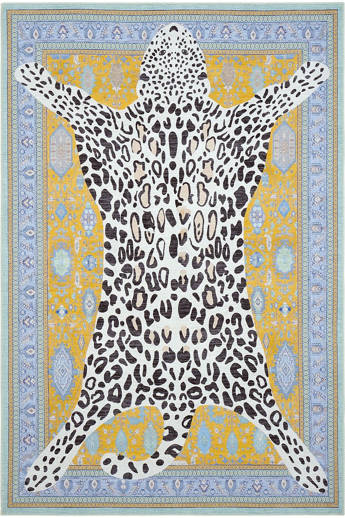 Cool Halı Jagora Leopar Halı Kaplan Desenli Vintage Sarı Şönil Halı Makinede Yıkanan Leoparlı Dekoratif Halı