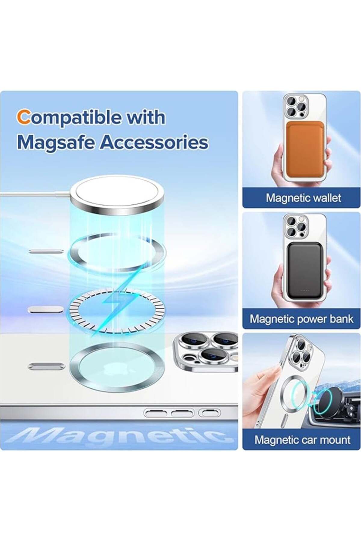SKYDDAR INNOVATION-Husă pentru iPhone 15 Pro Max, Luxury Shield Magsafe, protecție antișoc, argintie, set autocolante 5