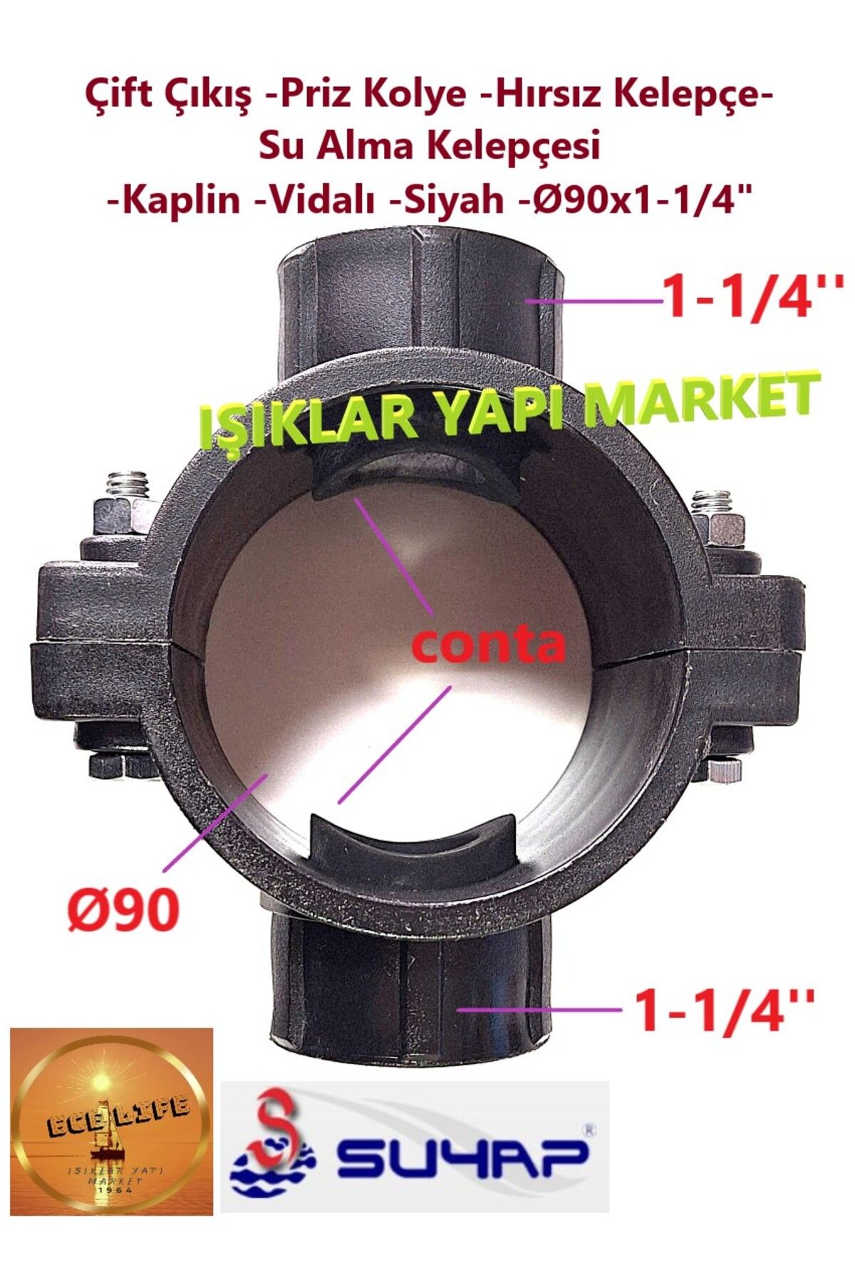 ece life Çift Çıkış -Priz Kolye -Hırsız Kelepçe-Su Alma Kelepçesi -Kaplin -Vidalı -Siyah -Ø90x1-1/4"