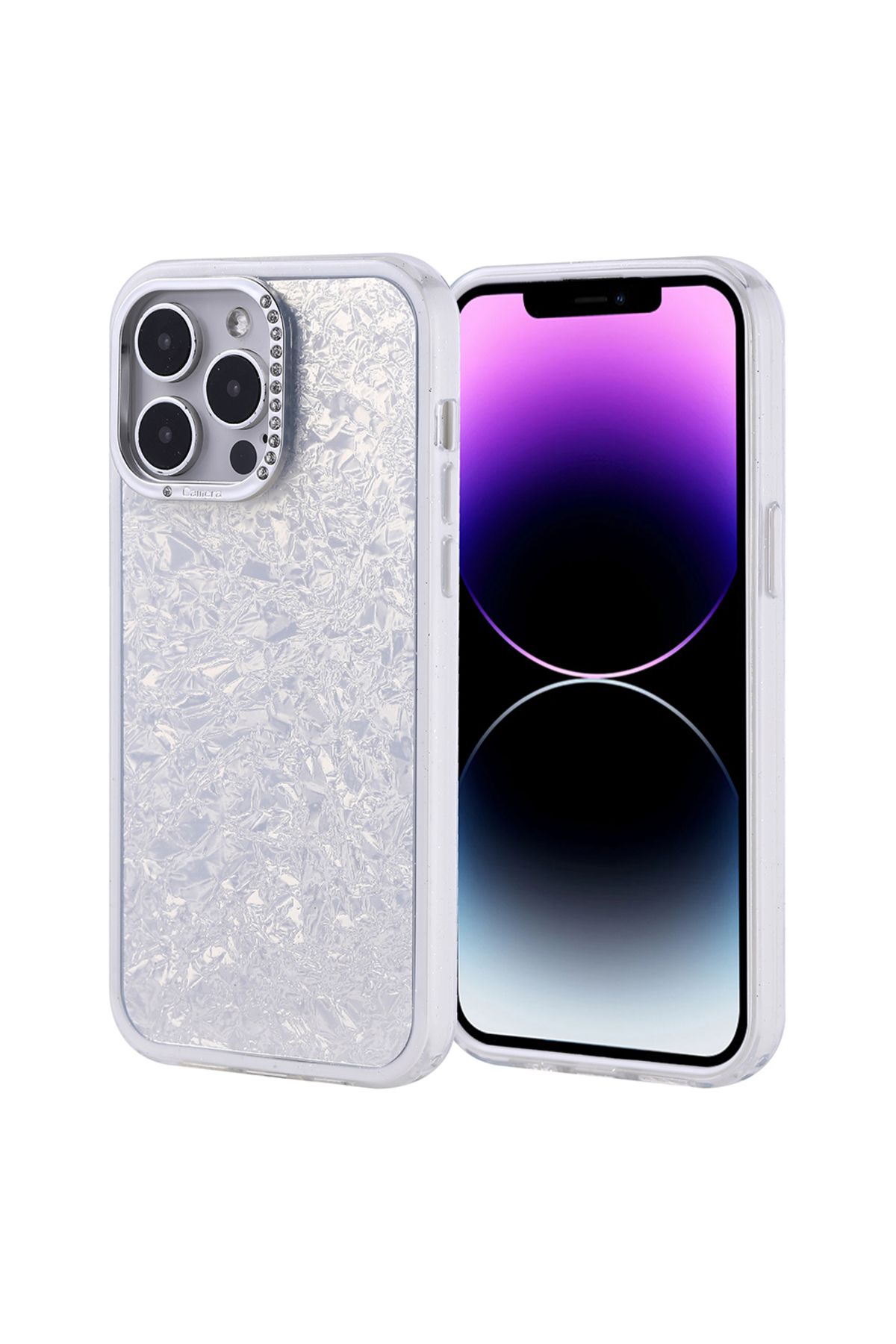 Strap U Apple iPhone 14 Pro Max Kırık Cam Efektli Işıltılı Kılıf Kamera Koruması Taşlı Tasarım Kapi Kapak