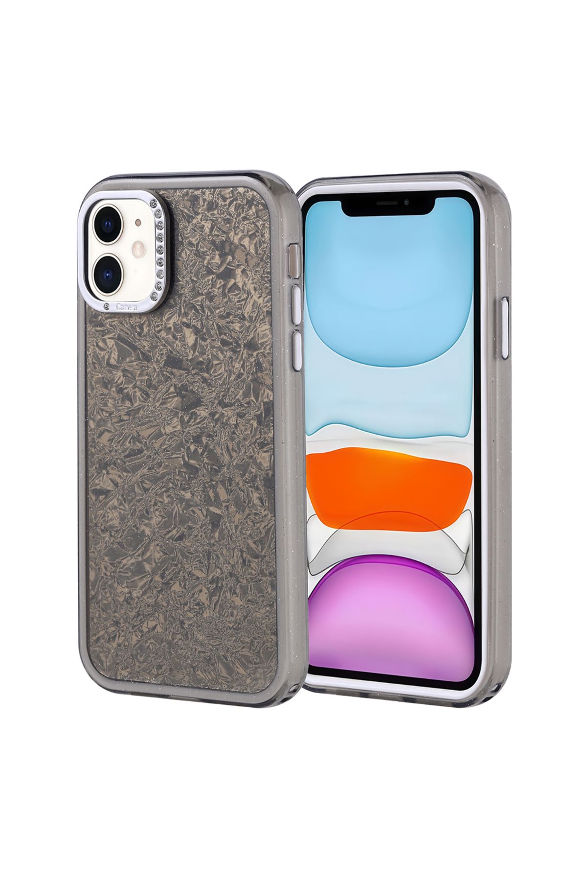 Strap U Apple iPhone 11 Kırık Cam Efektli Işıltılı Kılıf Kamera Koruması Taşlı Tasarım Kapi Kapak