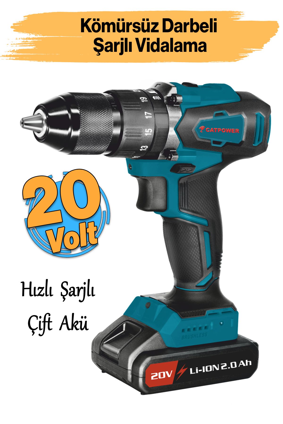 catpowertools Kömürsüz Çift Akülü Darbeli Akülü Vidalama Li-ion Batarya 20 V Çift Vitesli Led Işıklı Metal Mandren