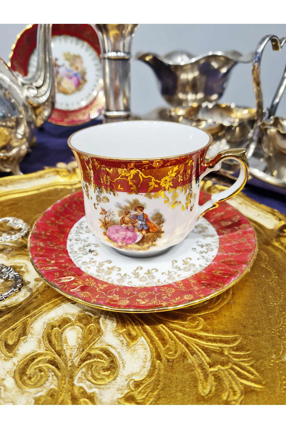 Bavaria Duble Kahve / Çay Fincanı ve Tabağı (130ml, Vintage, 24 Karat Altın Yaldız)