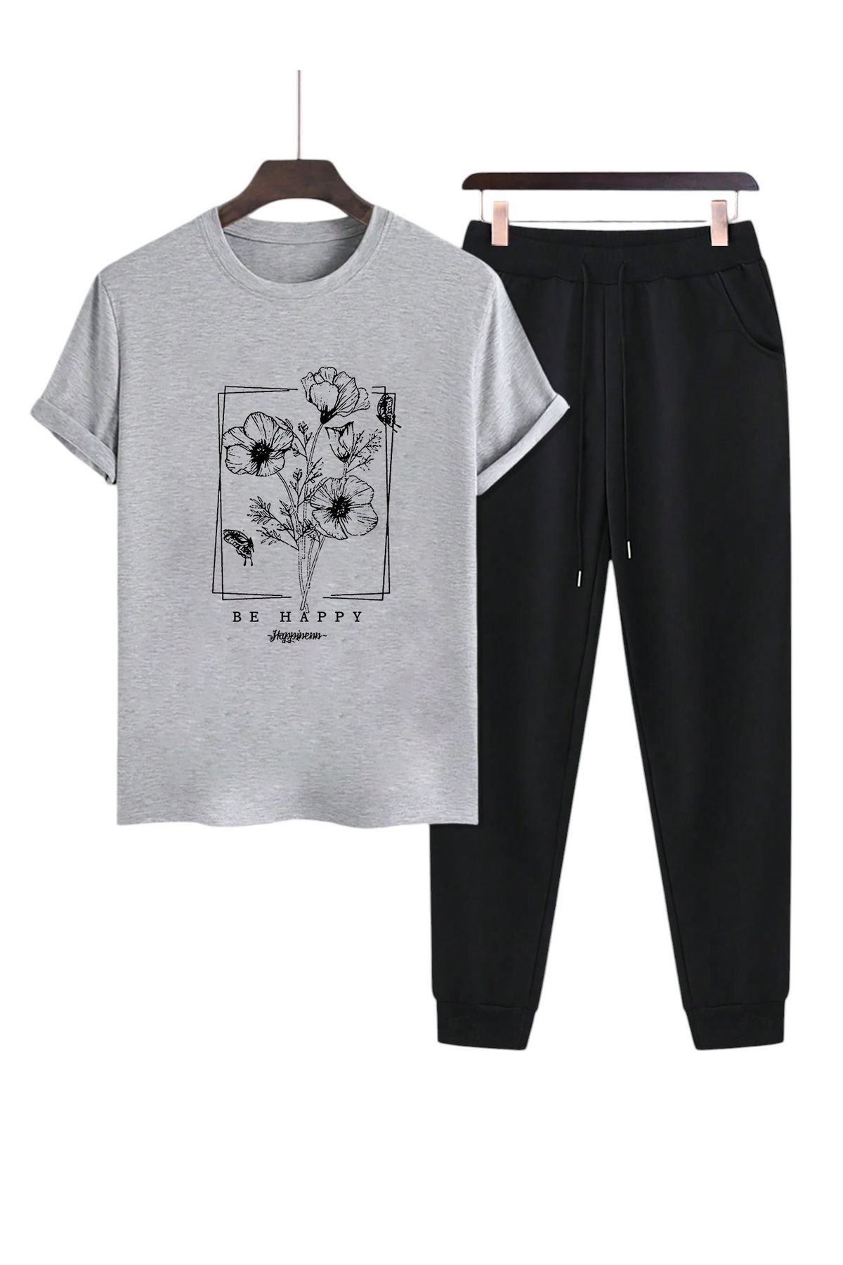 uyguntarz Unisex BE HAPPY Tasarım Basklı Tshirt Eşofman Takımı