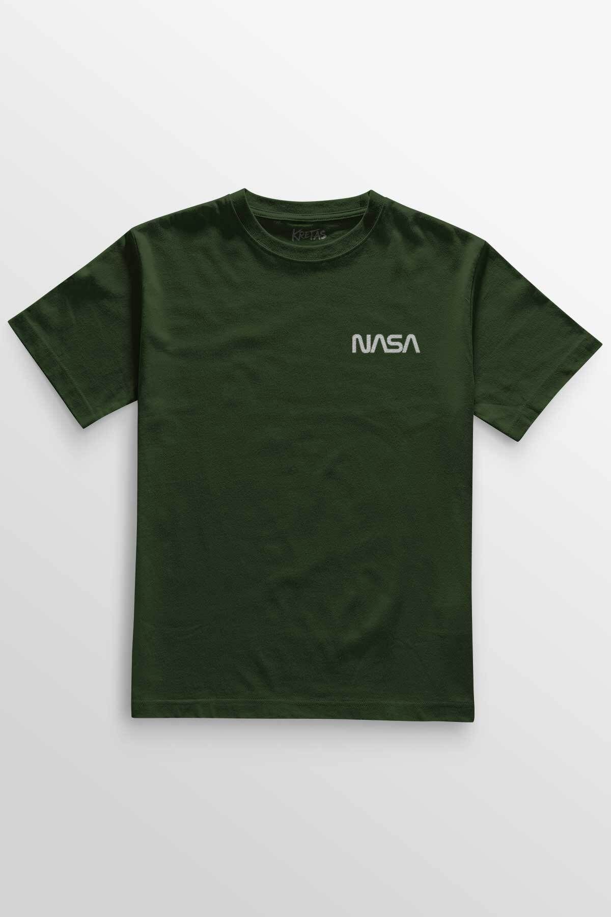 Kretas Unisex Haki T-shirt Nasa Logosu Kırmızı Uzay Cosmos Minimal Ön Baskılı Tişört