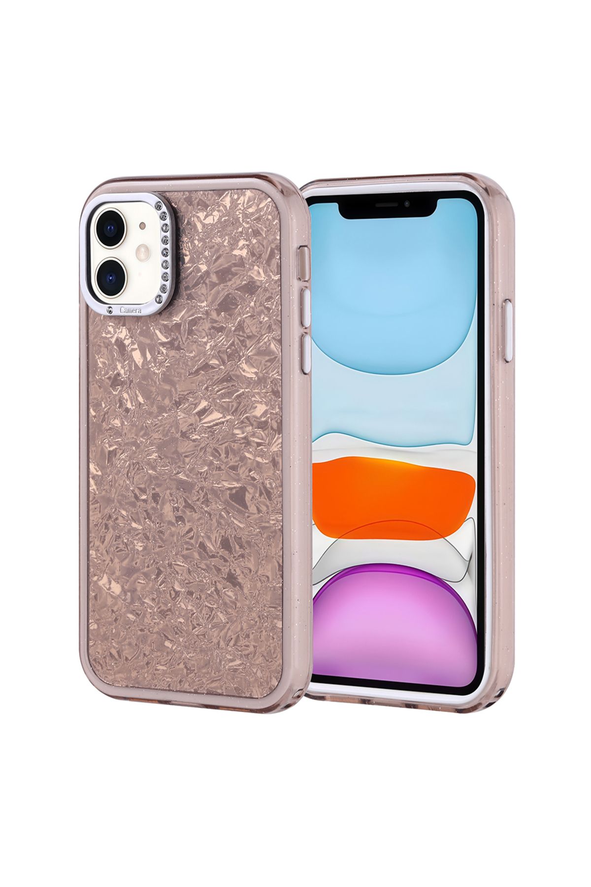 Strap U Apple iPhone 11 Kırık Cam Efektli Işıltılı Kılıf Kamera Koruması Taşlı Tasarım Kapi Kapak