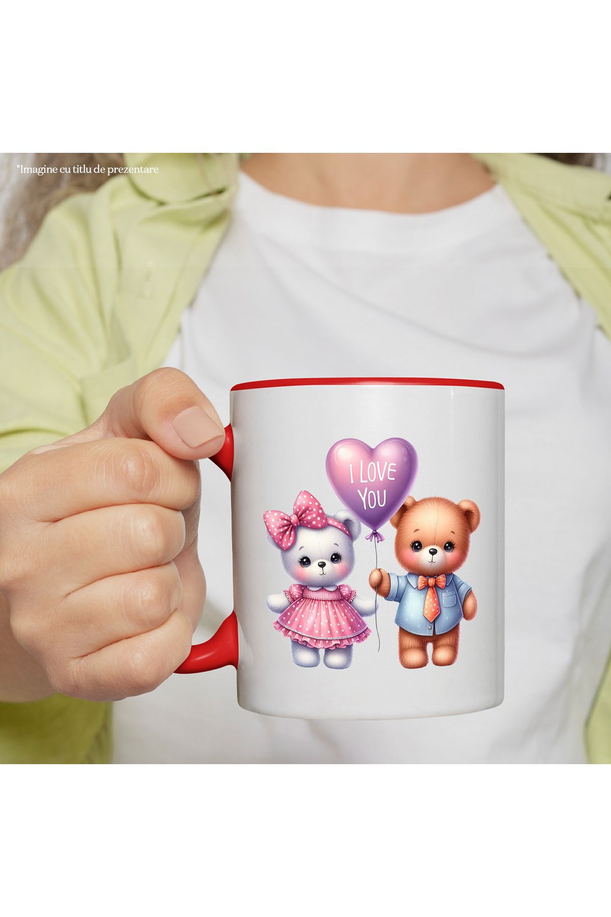 StoryGift Romania-Mug with a teddy bear and a bear | illustration | purple balloon with the message "I love you" | , With ,STG 2