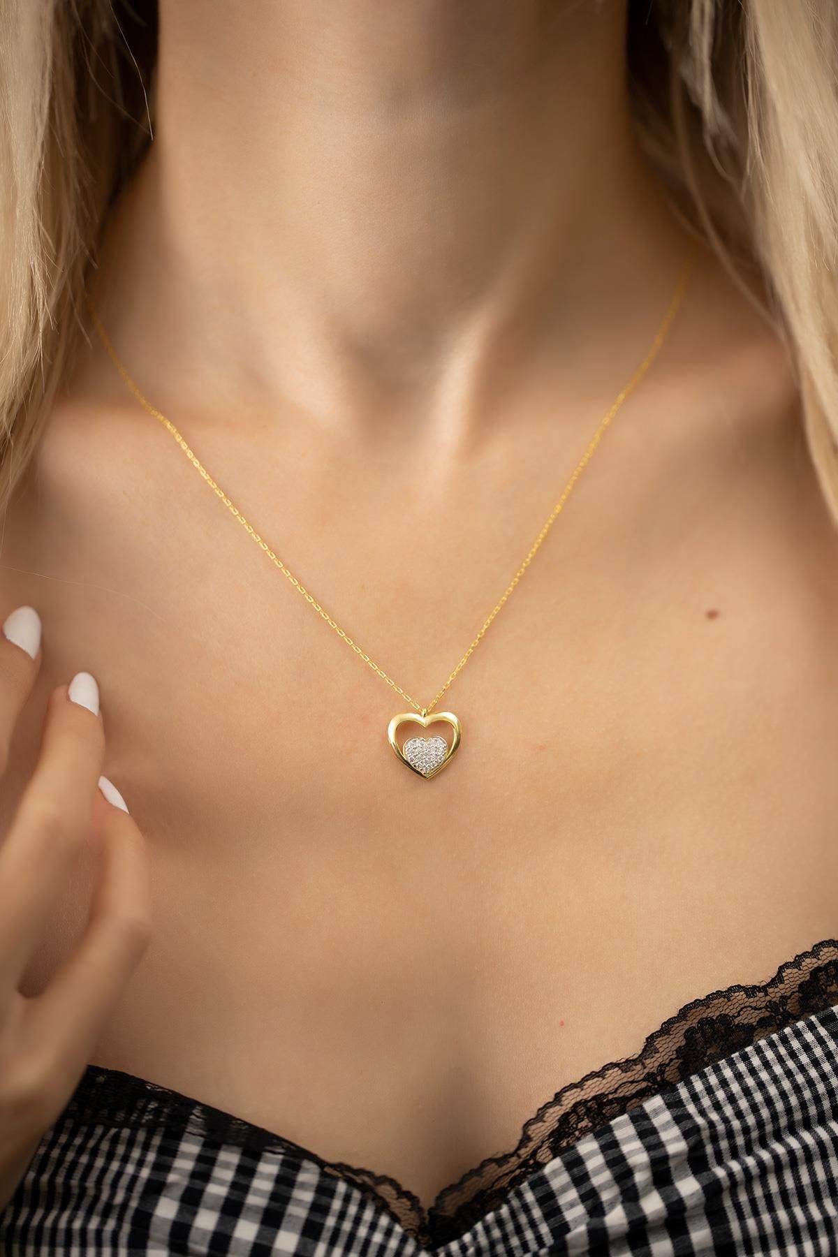 Ninova Silver Kalp Model Altın Kaplama Gümüş Zirconia Kolye