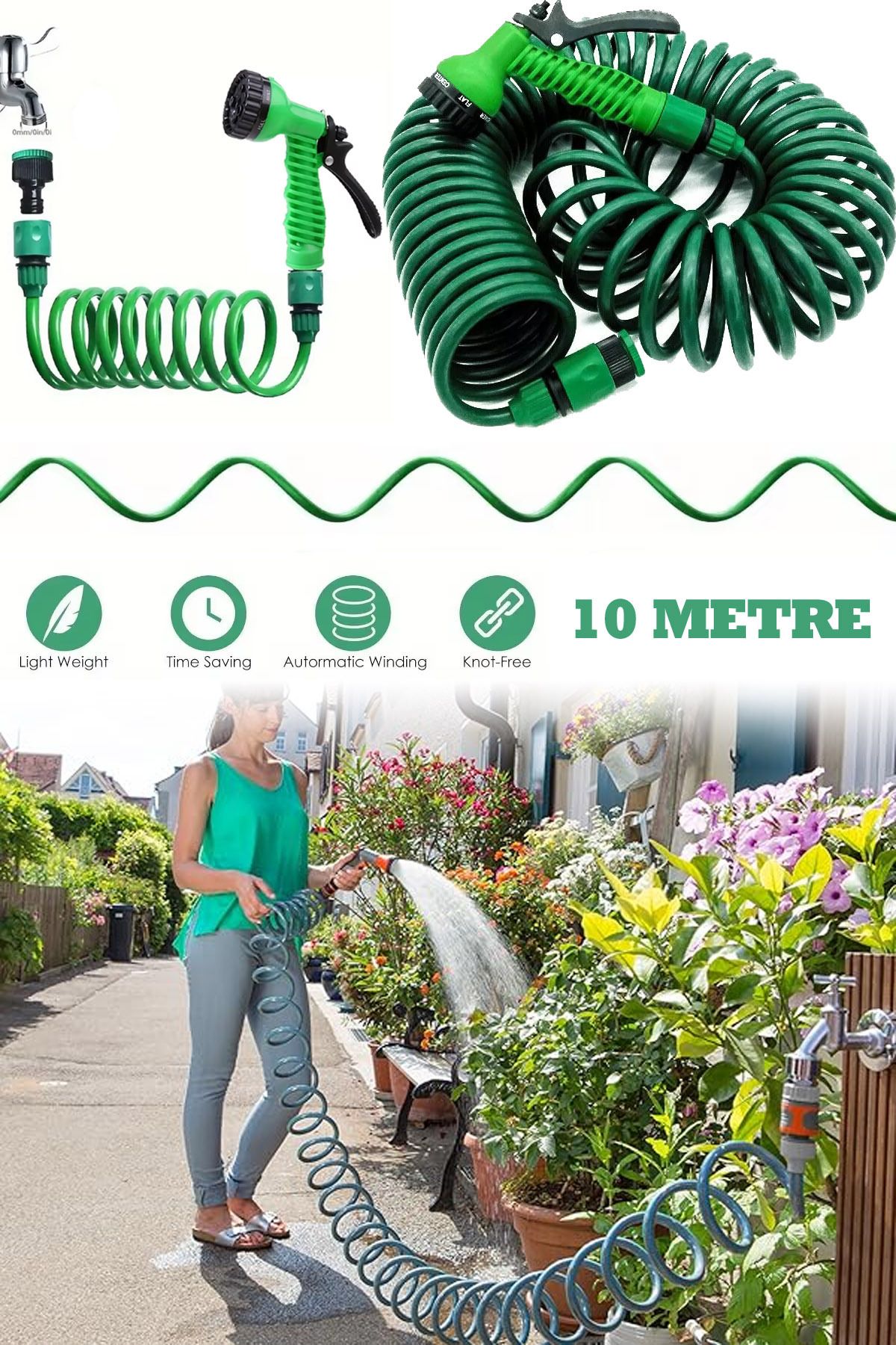 Binbirreyon Spiral Hortum Seti Bahçe Balkon Sulama Hortum 10 Metre Bağlantı ve Sprey Dahil AE108