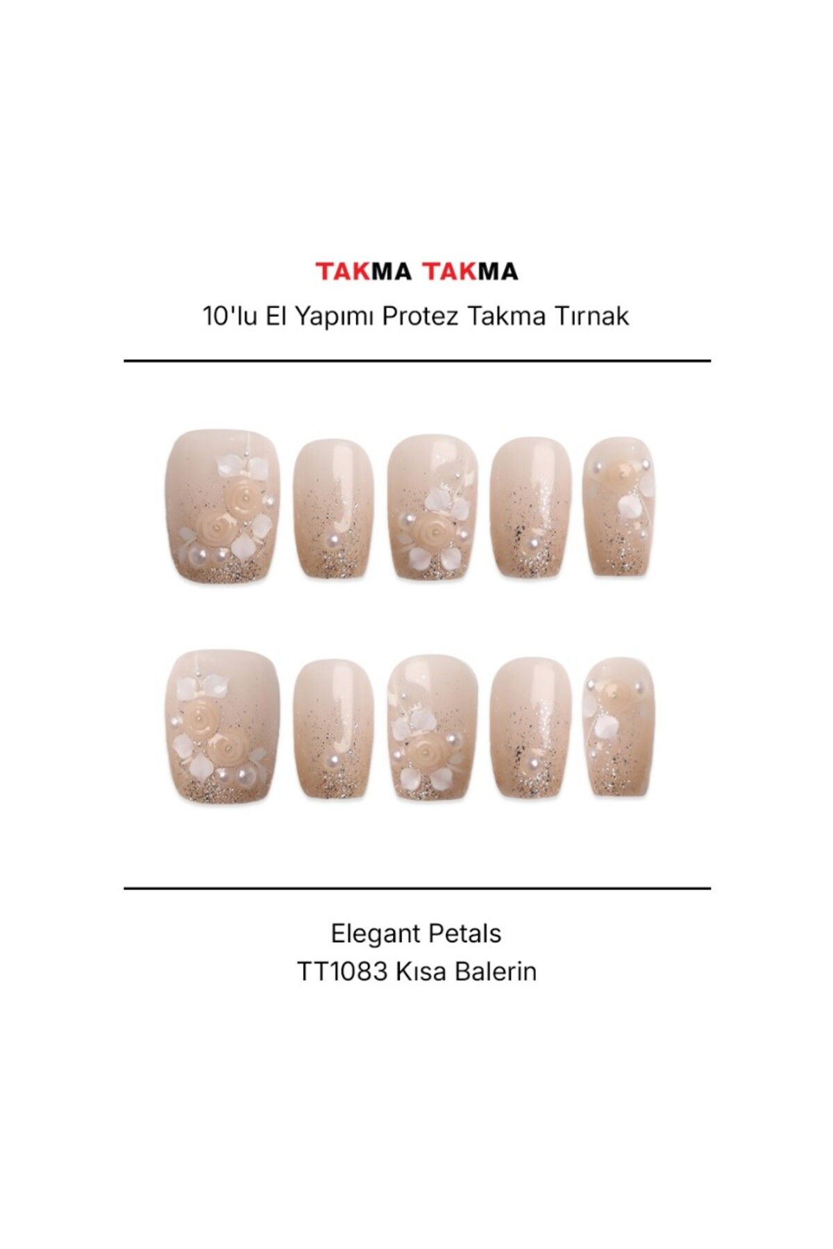 Takma Takma Tekrar Kullanılabilir El Yapımı Protez Takma Tırnak Elegant Petals - 10'lu - TT1083 L-Ten Rengi