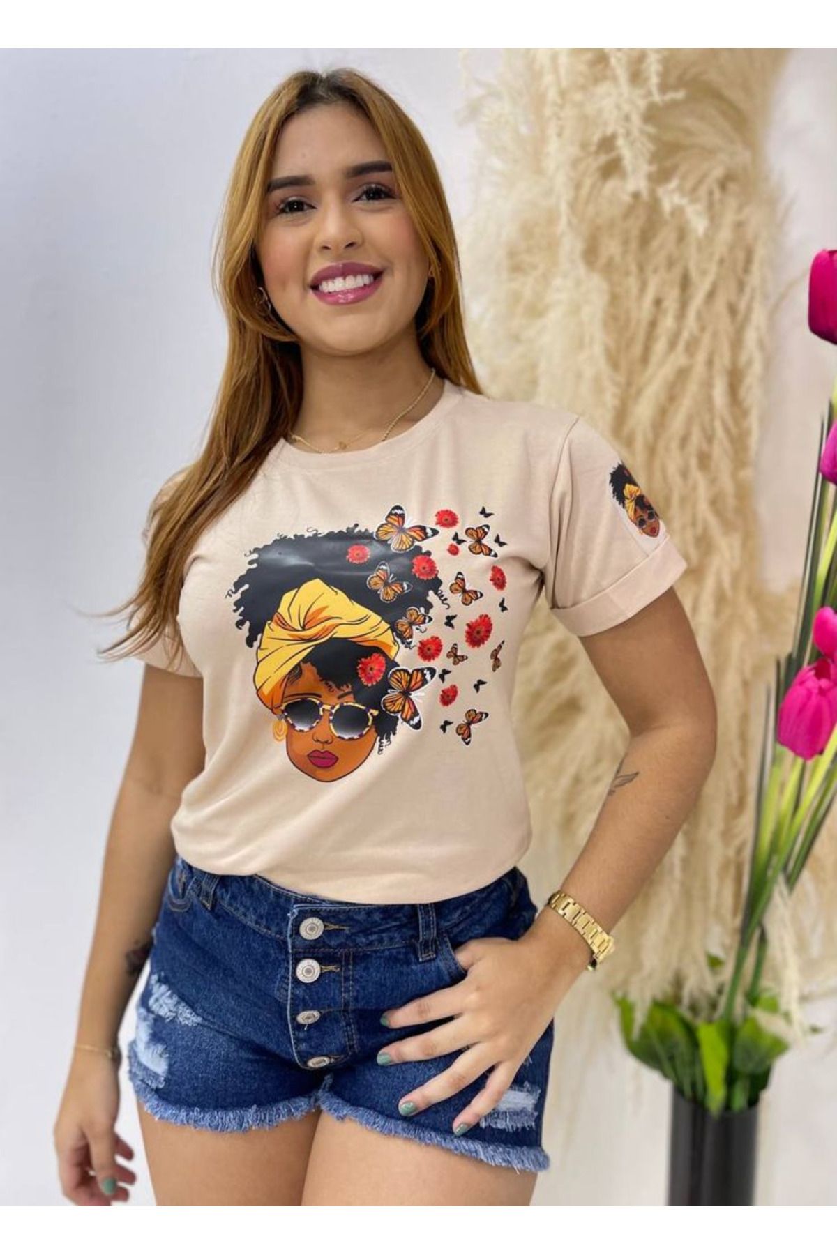 aynewmoda Kız grafikli modern kısa kollu yuvarlak yakalı tişört