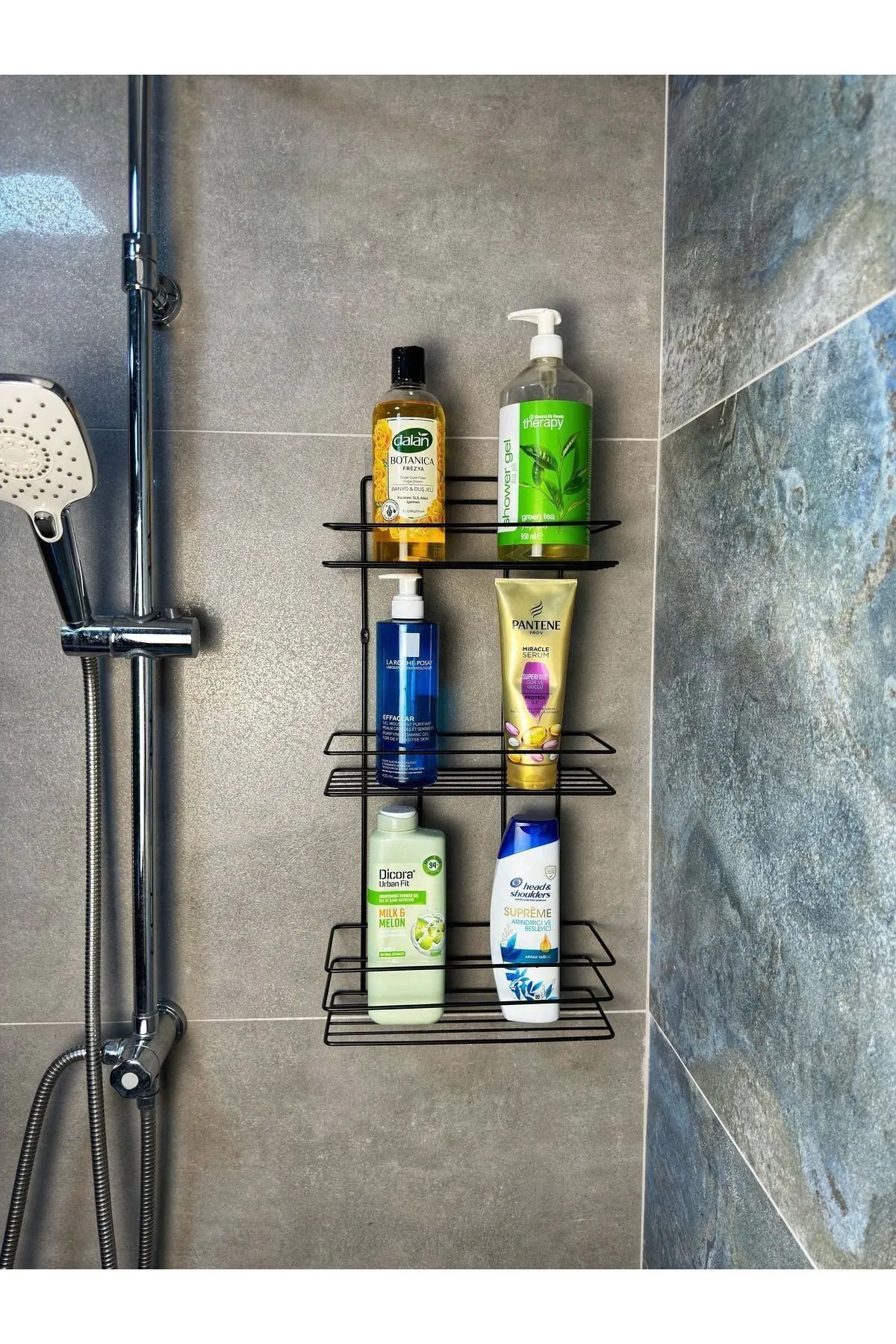 KITCHBATH 3 Katlı Banyo Düzenleyici – Yapışkanlı & Vidalı Duş Organizer Siyah Raf