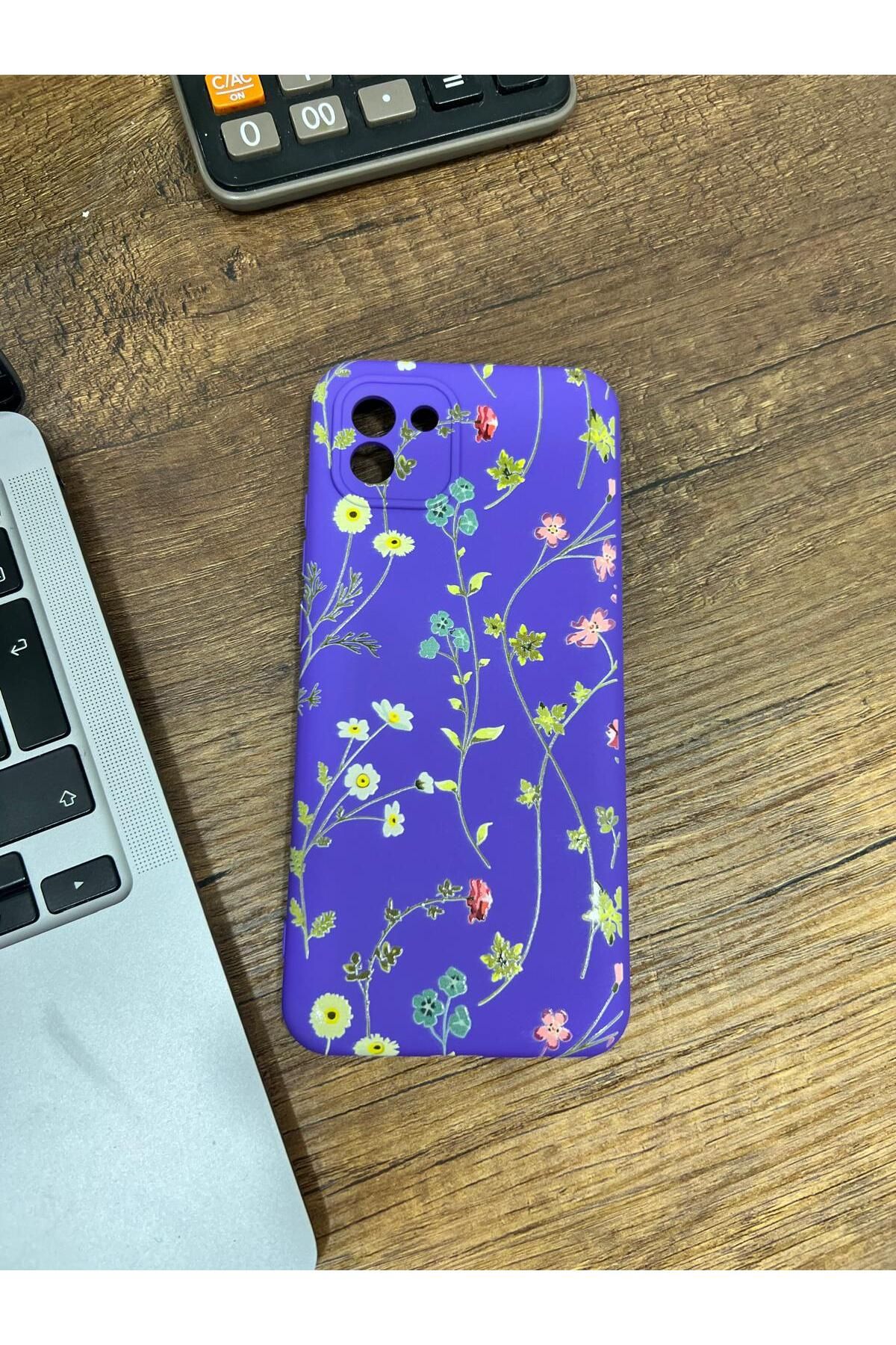 HZR Samsung A03 Çiçek Desenli Mor Silikon Kılıf
