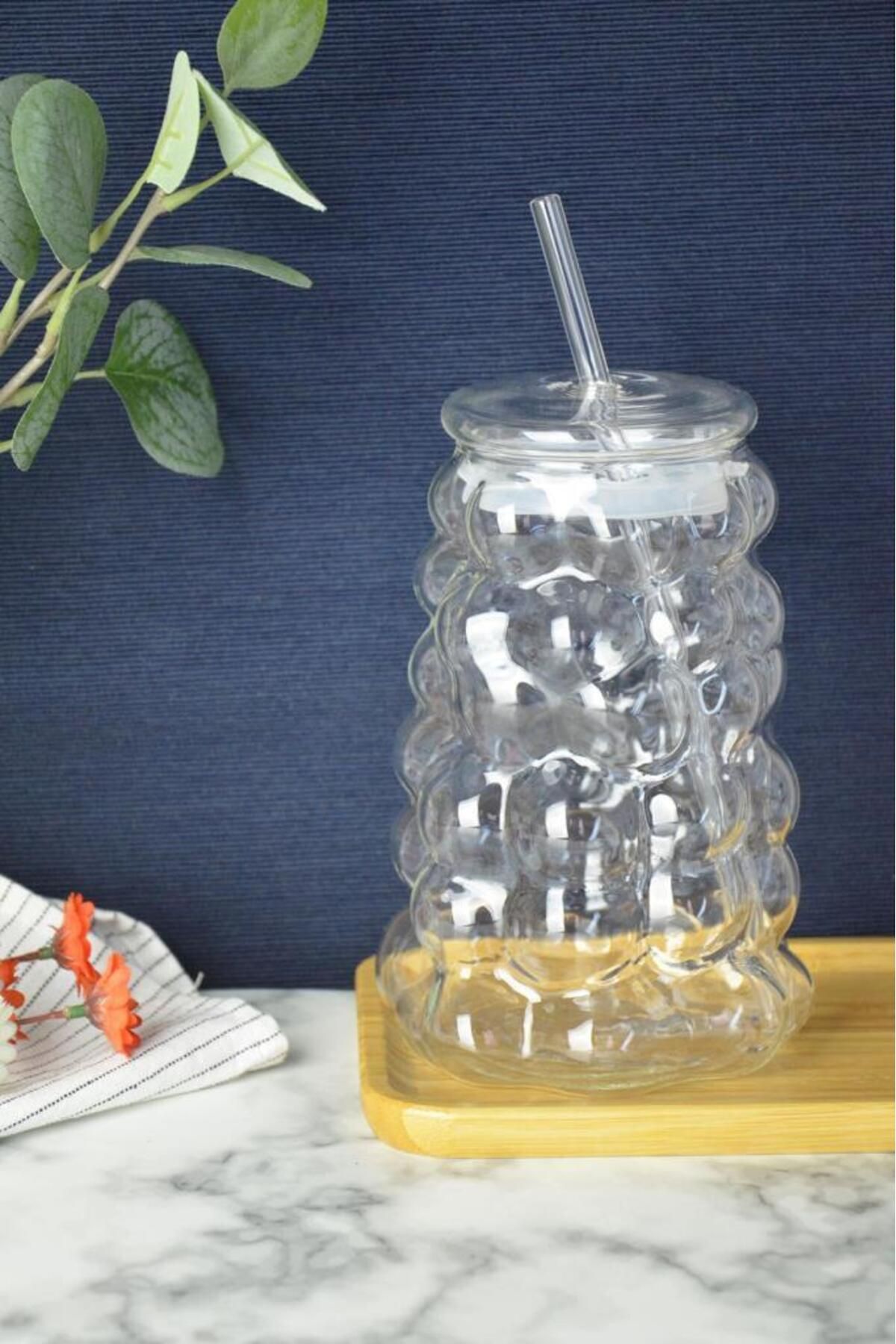 MİEN Mien Üzüm Desen Bubble Borosilikat Cam Pipetli Bardak 1 Litre