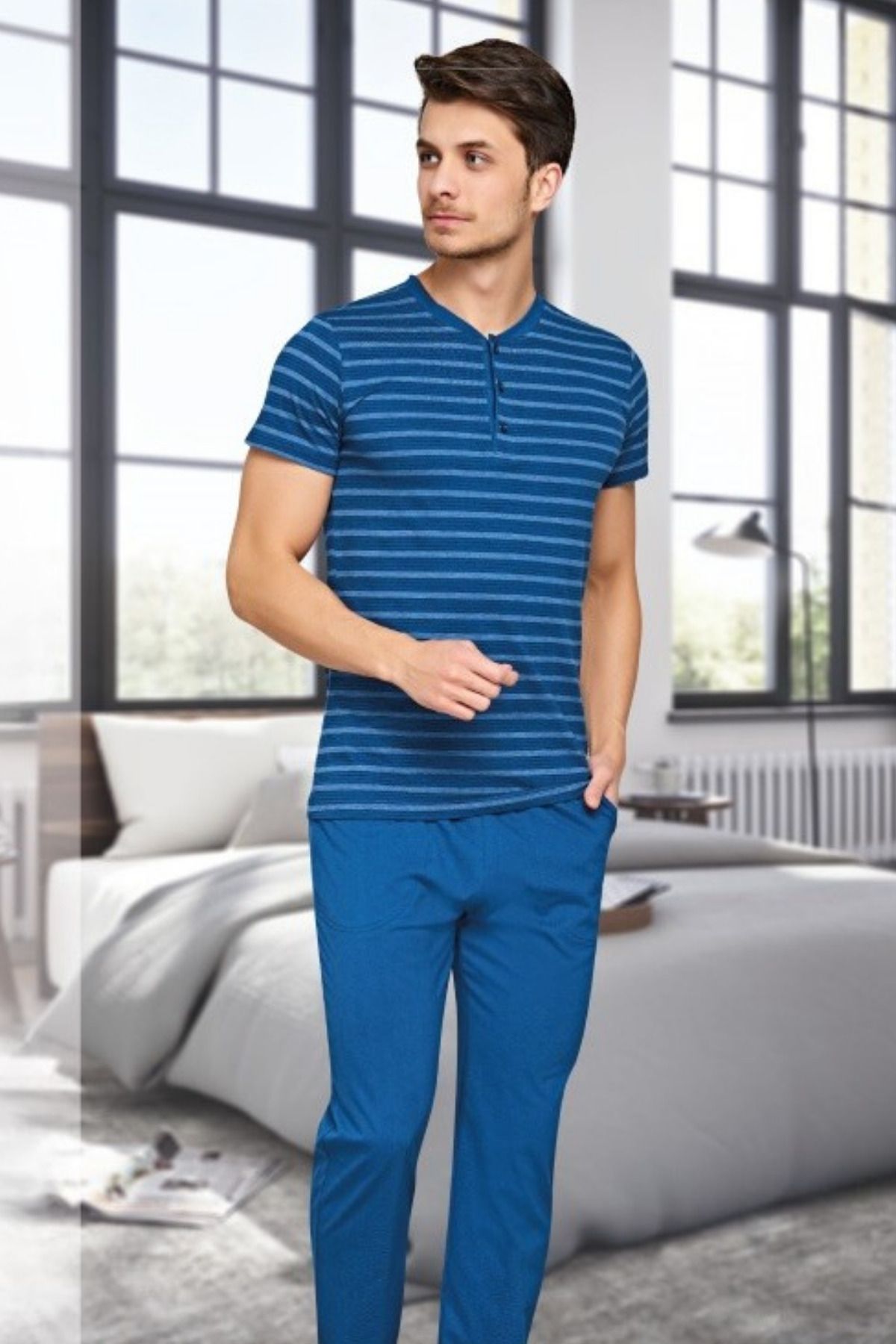 Cotpark Erkek Pamuklu Likralı Kısa Kollu Basıc Tişört Pantolon Pijama Takımı 548