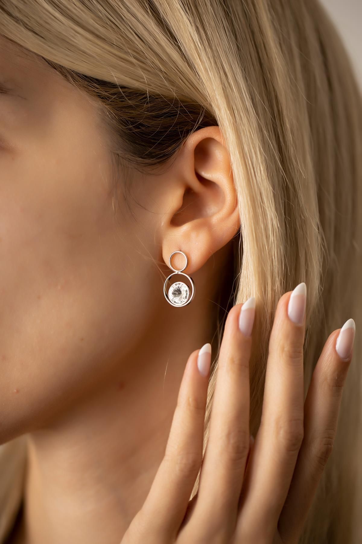 Ninova Silver İki Halka Model Gümüş Crystal Küpe