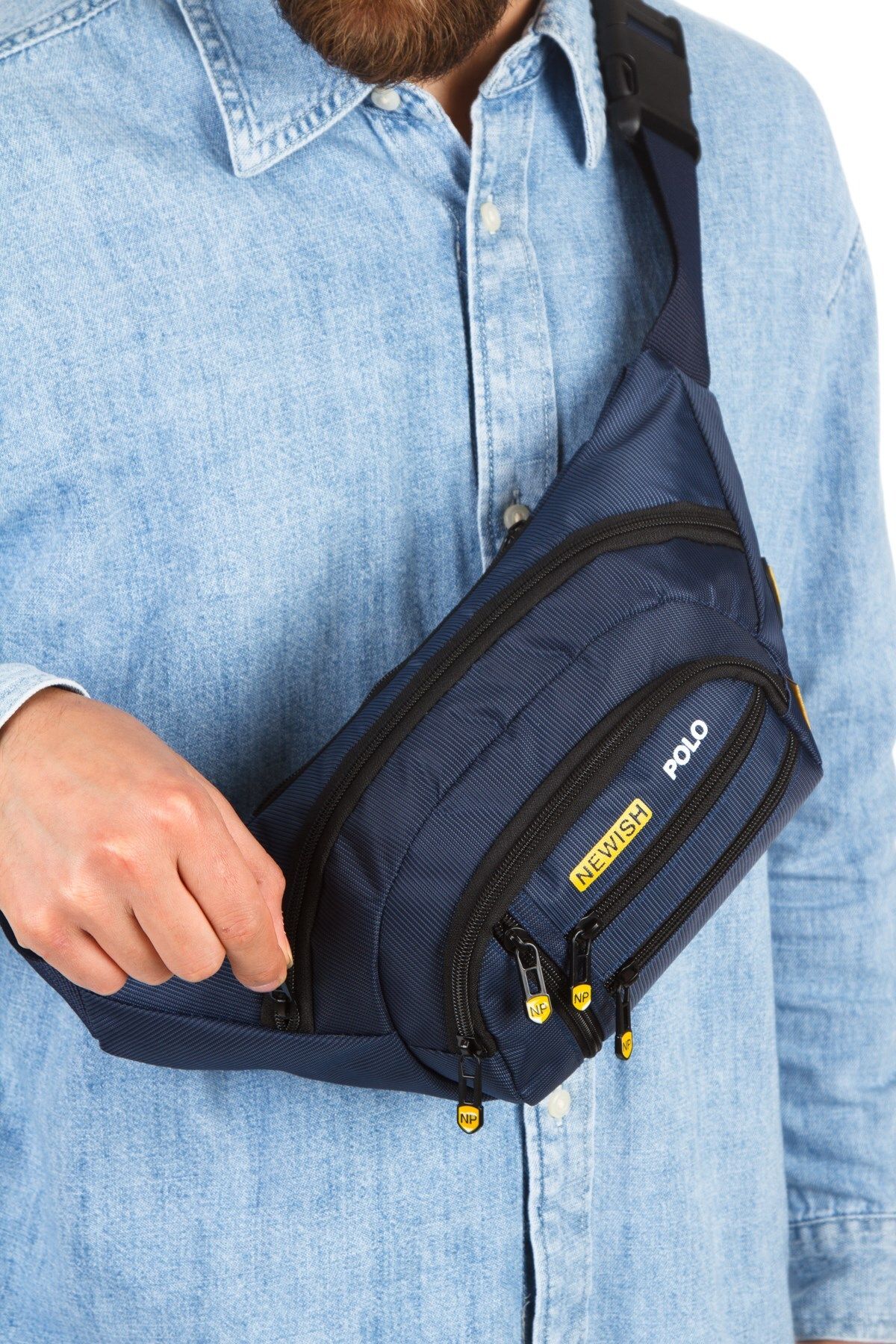 Newish Polo Erkek Lacivert USB Kulaklık Çıkışlı Crossbody Çapraz Göğüs Omuz ve Bel Çantası