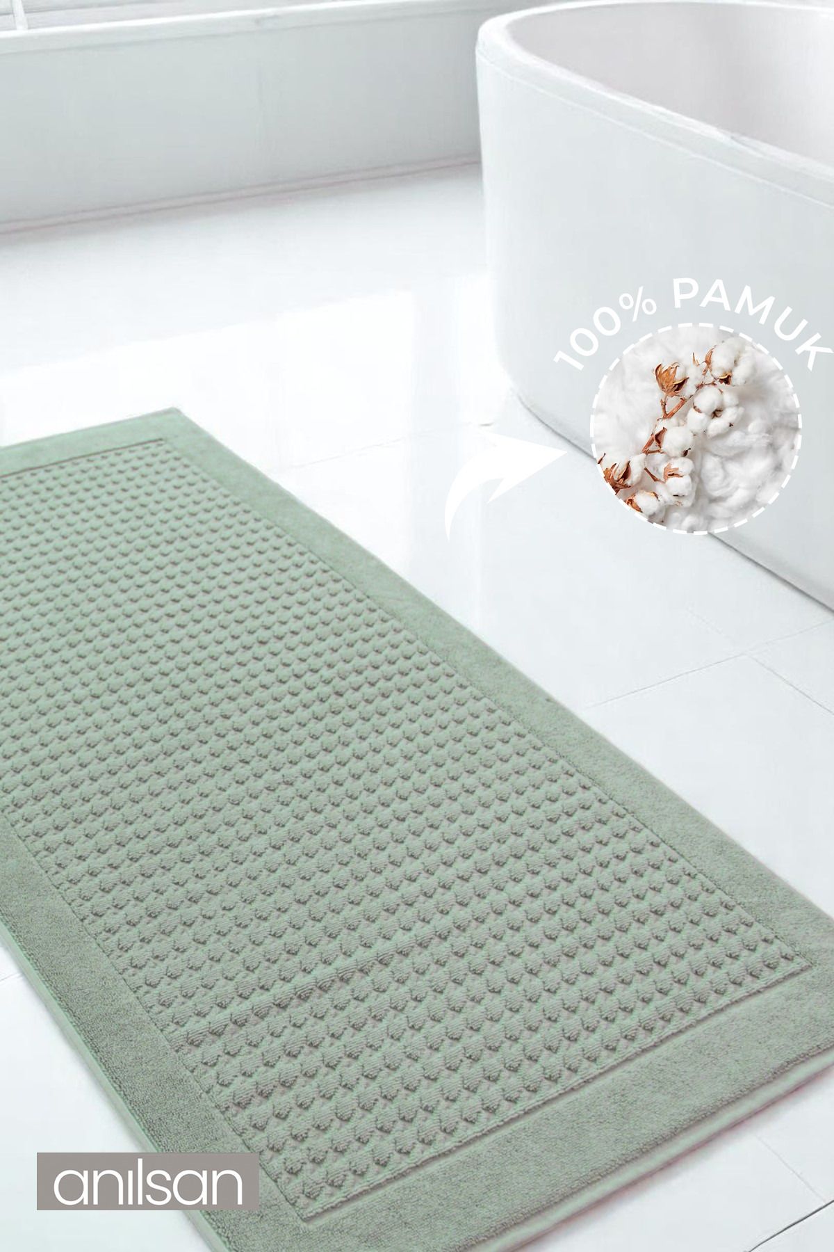 Anılsan Sandy Yeşil Büyük Ayak Havlusu - 50x120 Cm , 920 GR %100 Pamuk, Spa Ve Otel Banyo Paspası