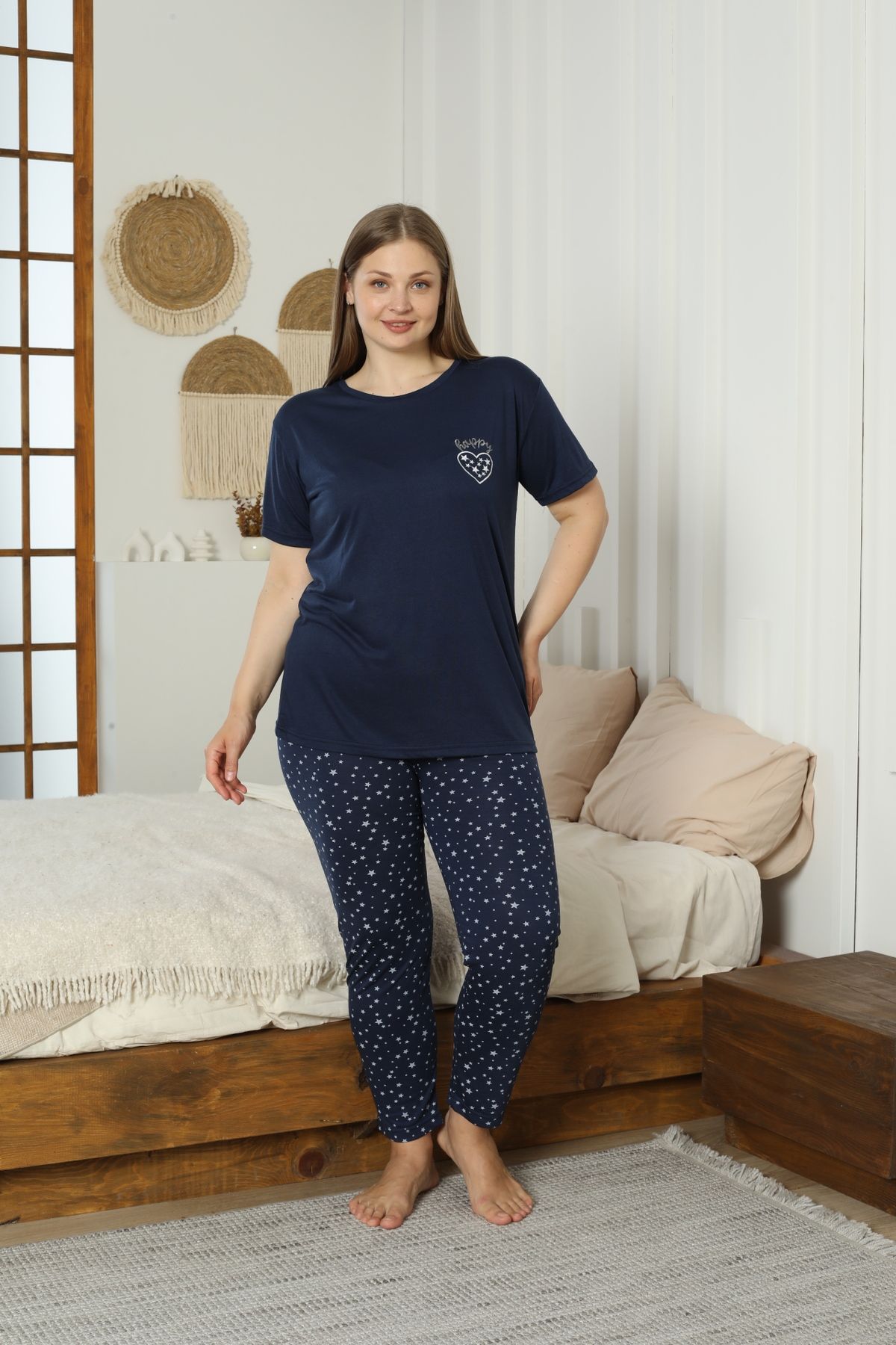 LİLA İÇ GİYİM Battal viskon kısa kol pijama takımı