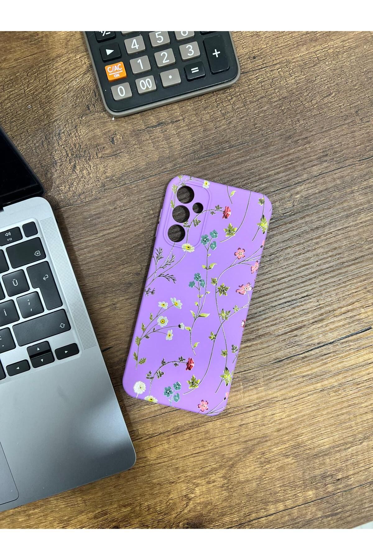 HZR Samsung A14 Bahar Çiçekleri Desenli Mor Silikon Kılıf