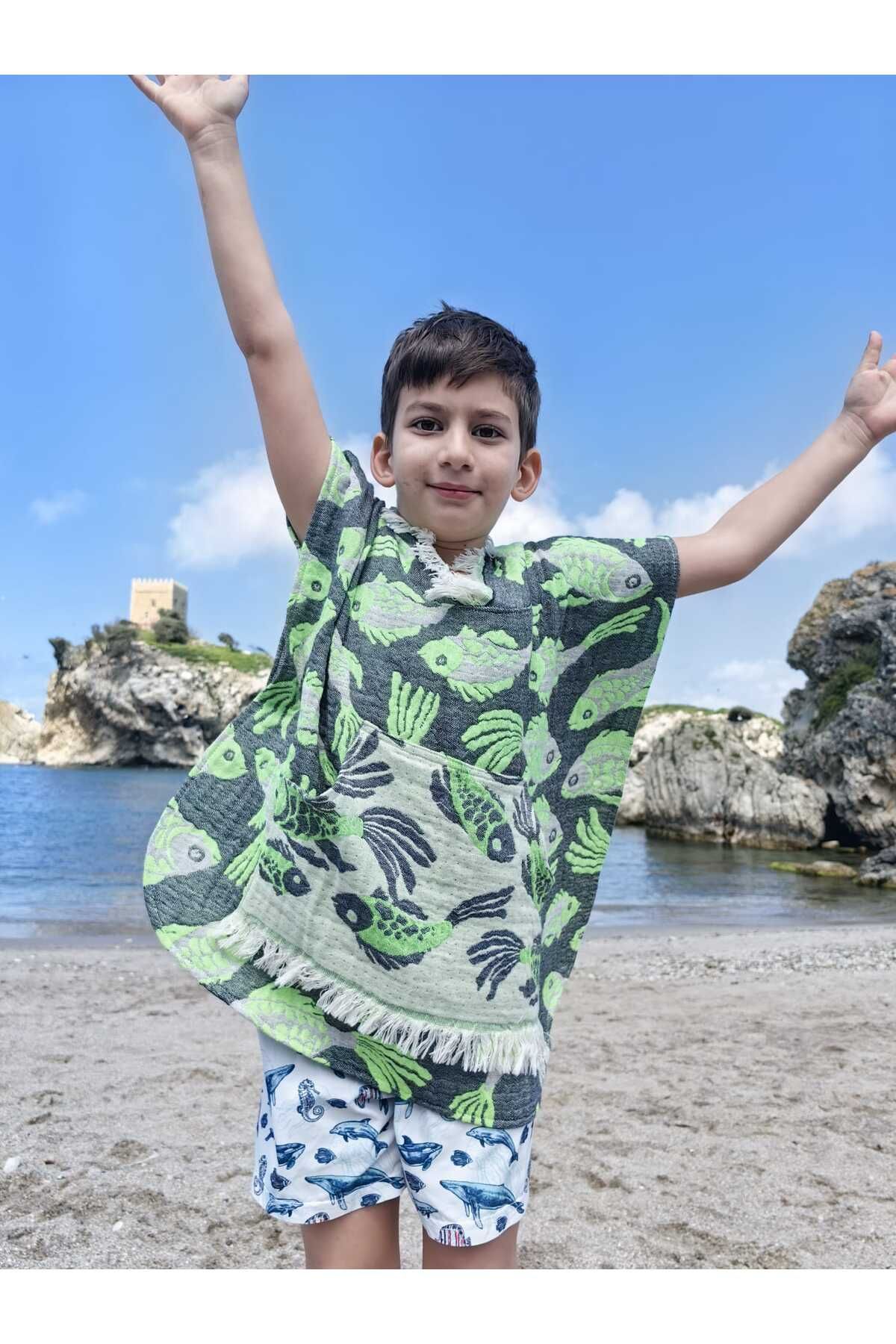 Su Koleksiyon MORİNA PAMUK DOKUMA KAPŞONLU ÇOCUK DENİZ PANÇO