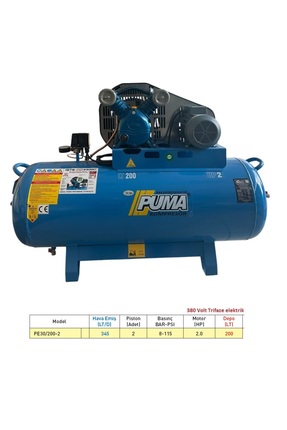 Puma 200 Lt Hava Kompresörü 3 Hp 2 Piston 380 Volt Döküm Kafa Yağlı