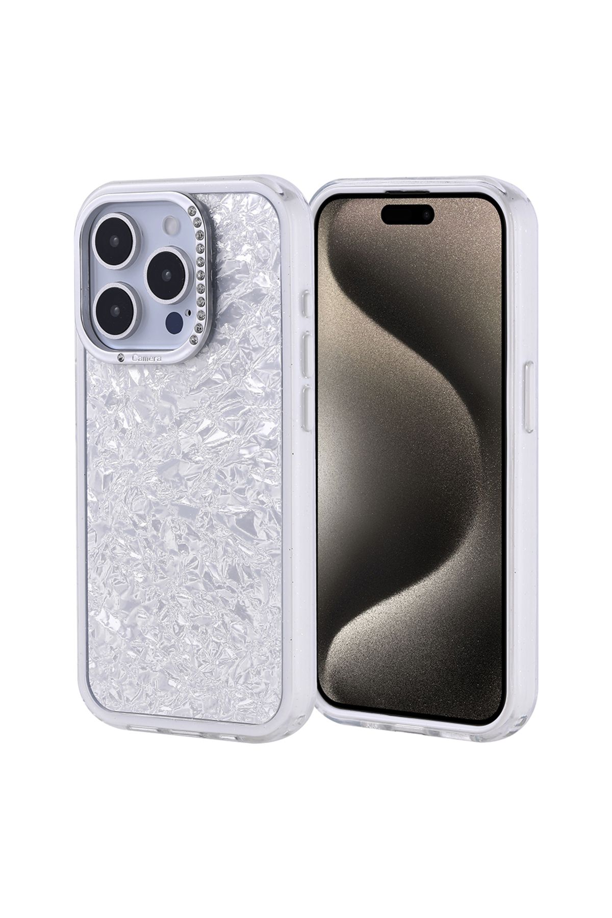 Strap U Apple iPhone 15 Pro Kırık Cam Efektli Işıltılı Kılıf Kamera Koruması Taşlı Tasarım Kapi Kapak