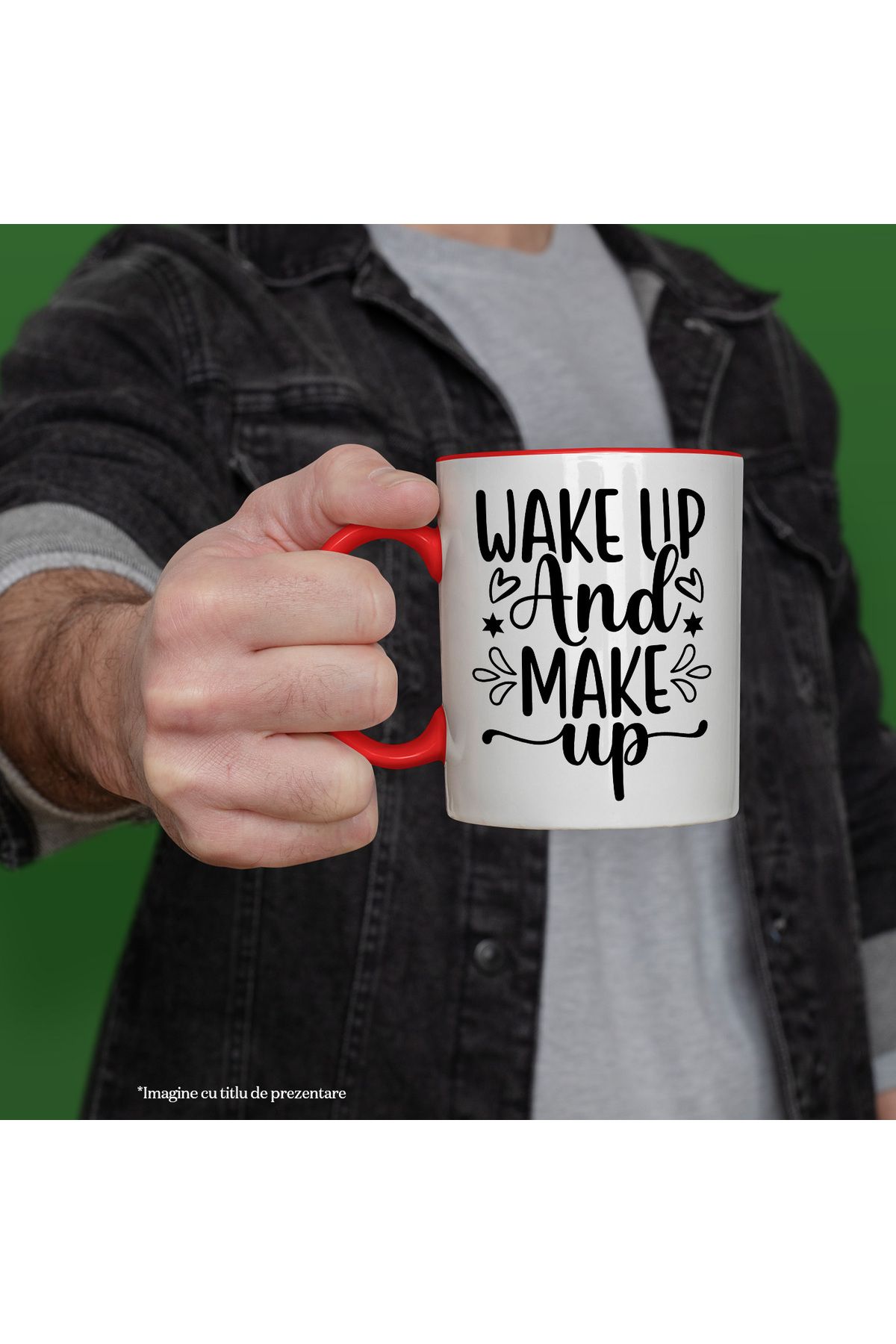 StoryGift Romania-Mug with hearts and a message that urges you to wake up and invent something, With,STG. 2