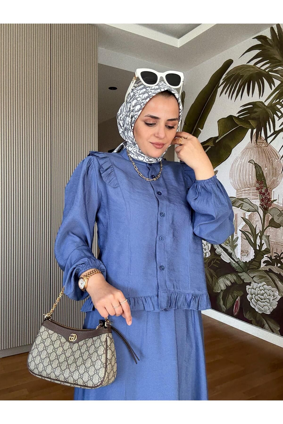 Aselim Hijap Moda Pamuklu Fırfır Detaylı Yazlık Etekli Takım – Mavi