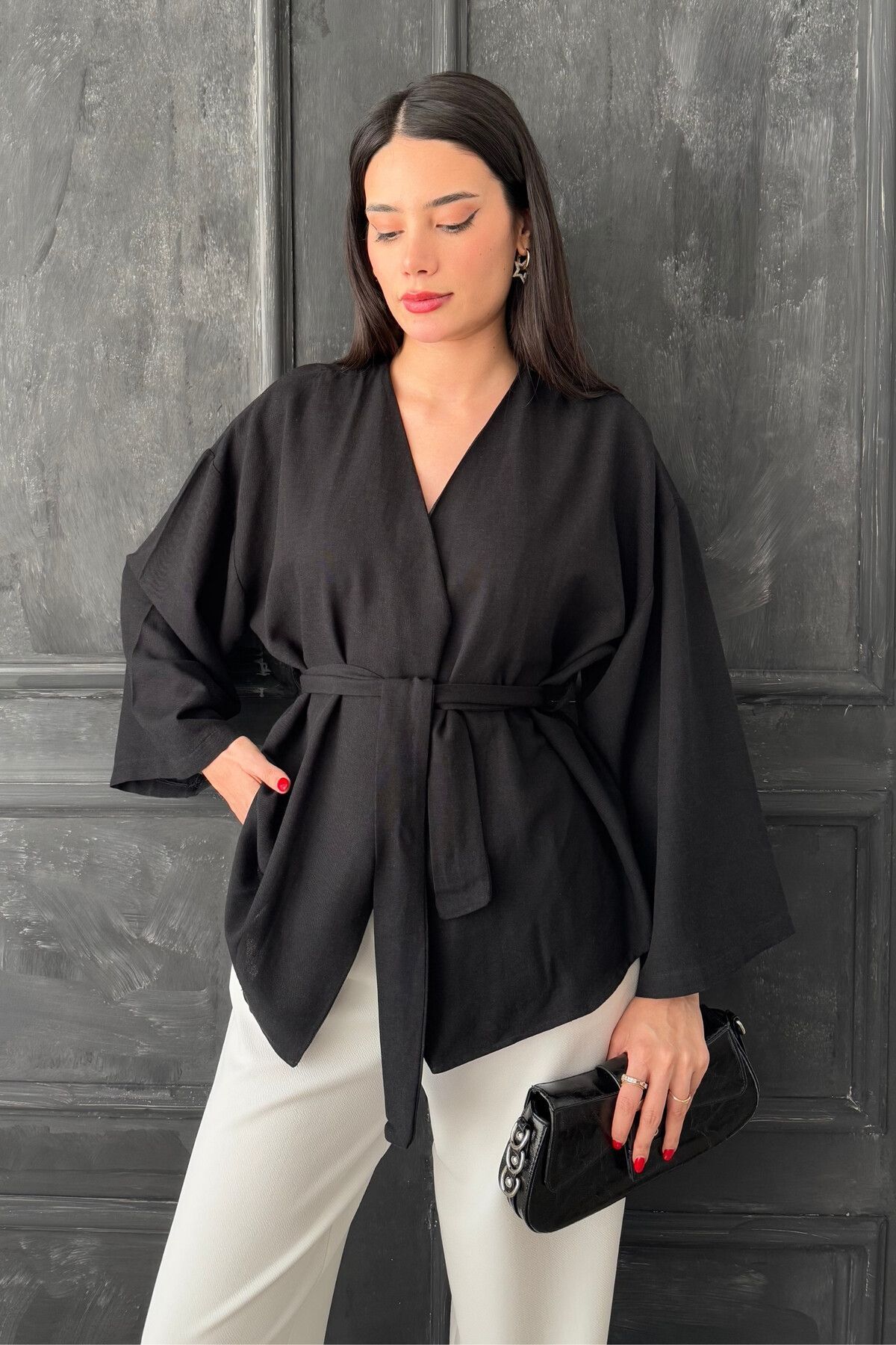 BLUSS Kadın Kuşaklı Kimono Tarzı Salaş Ceket Bluz - Kadın Oversize Şık Dökümlü Üst