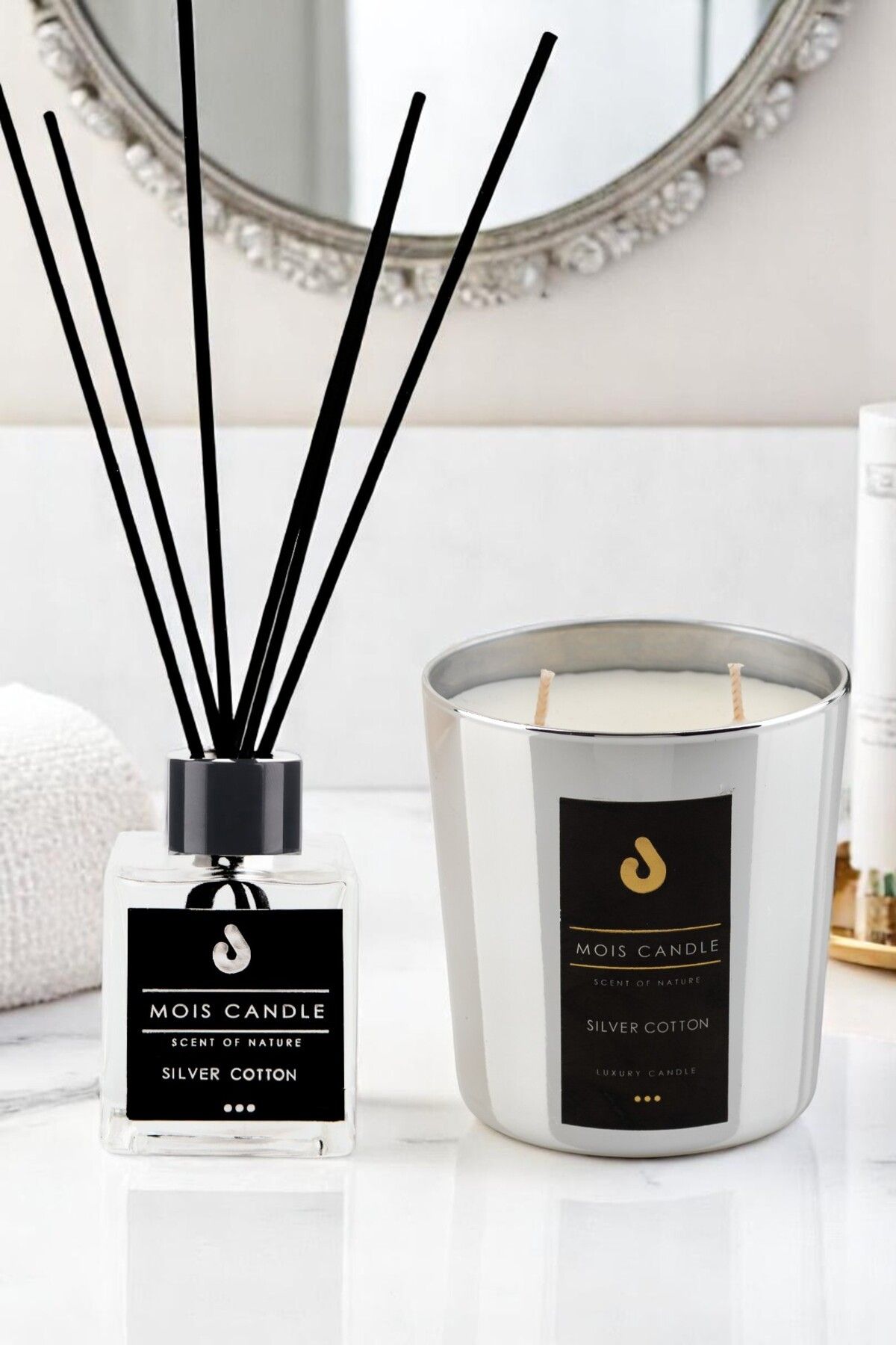 Mois Candle Silver Cotton Kokulu Mum ve Bambu Çubuklu Oda Kokusu Seti – Temiz, Ferah ve Yumuşak Pamuksu