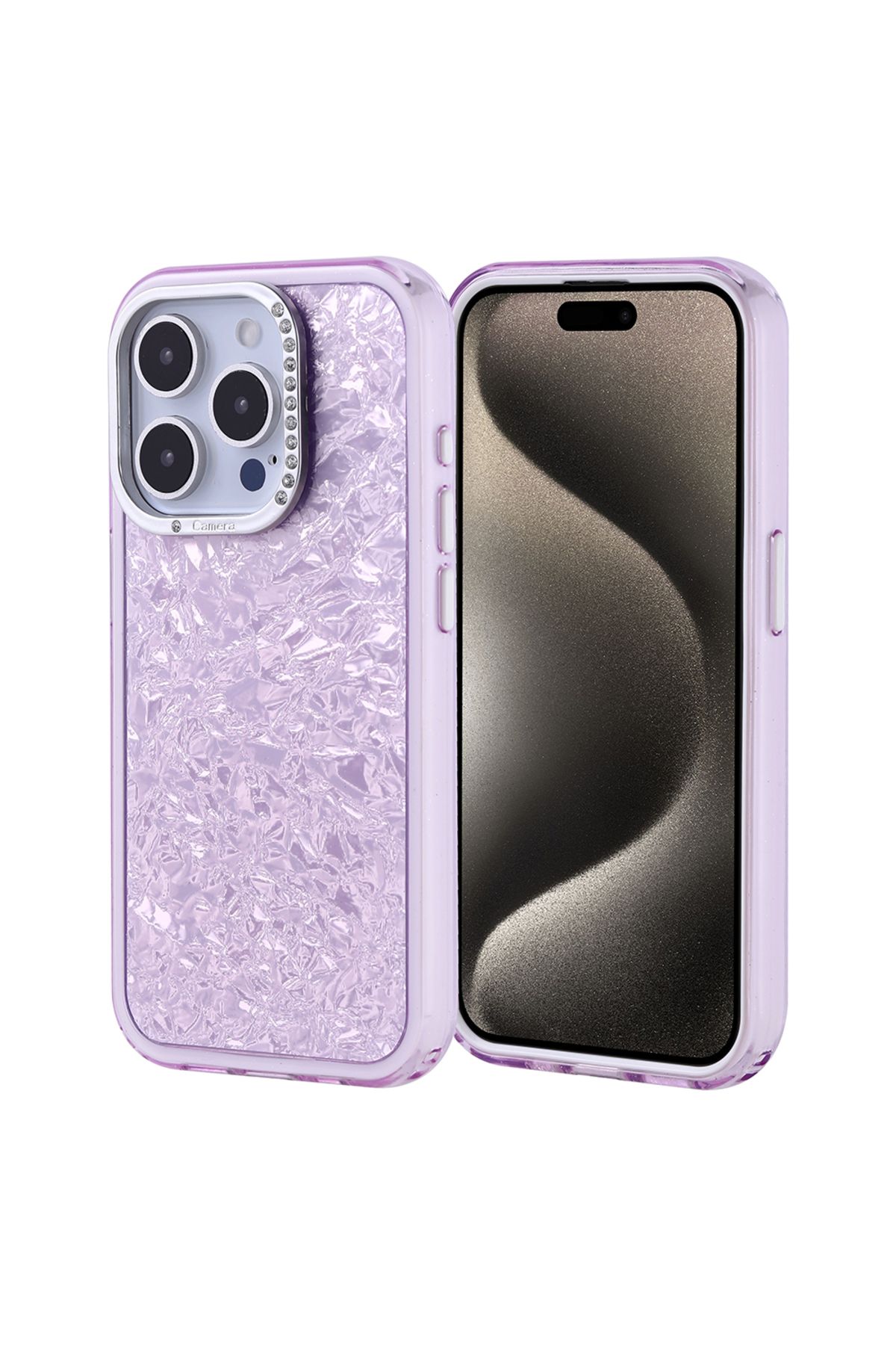 Strap U Apple iPhone 15 Pro Kırık Cam Efektli Işıltılı Kılıf Kamera Koruması Taşlı Tasarım Kapi Kapak