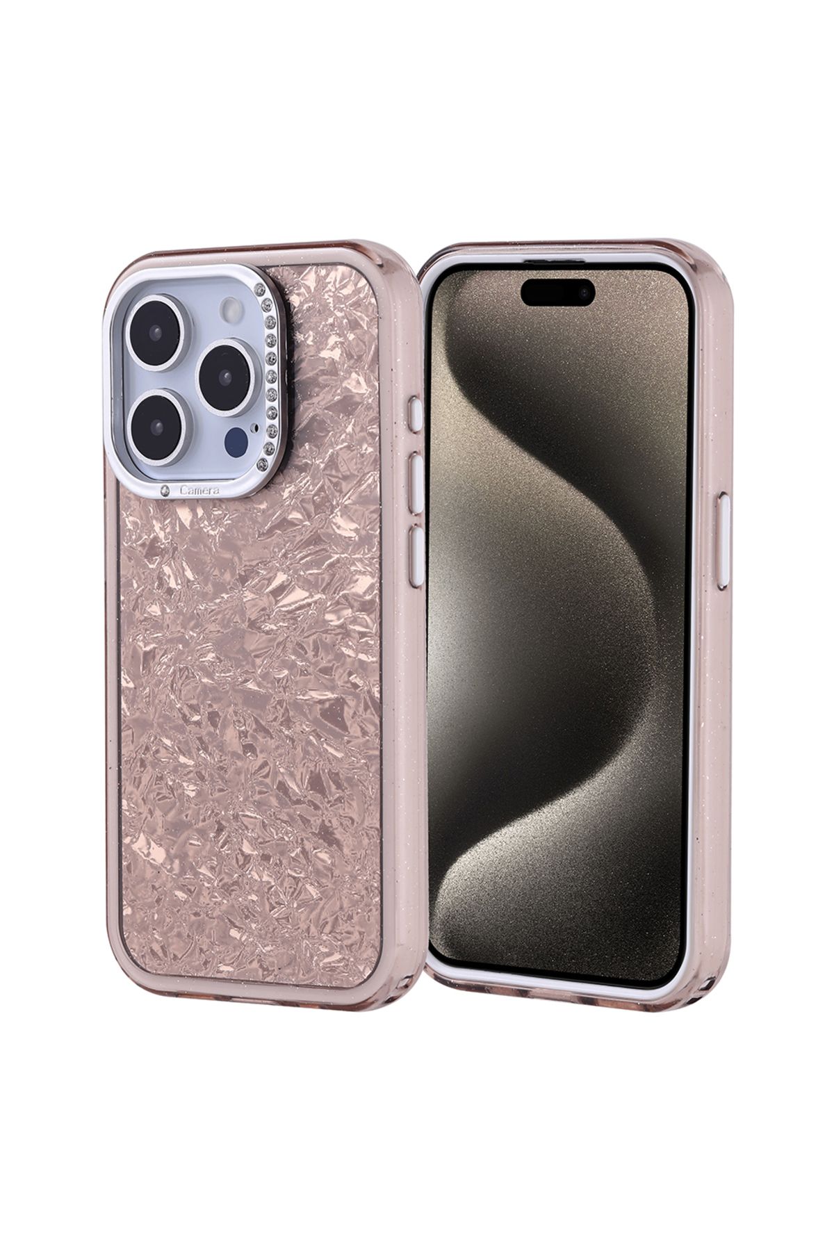 Strap U Apple iPhone 15 Pro Kırık Cam Efektli Işıltılı Kılıf Kamera Koruması Taşlı Tasarım Kapi Kapak