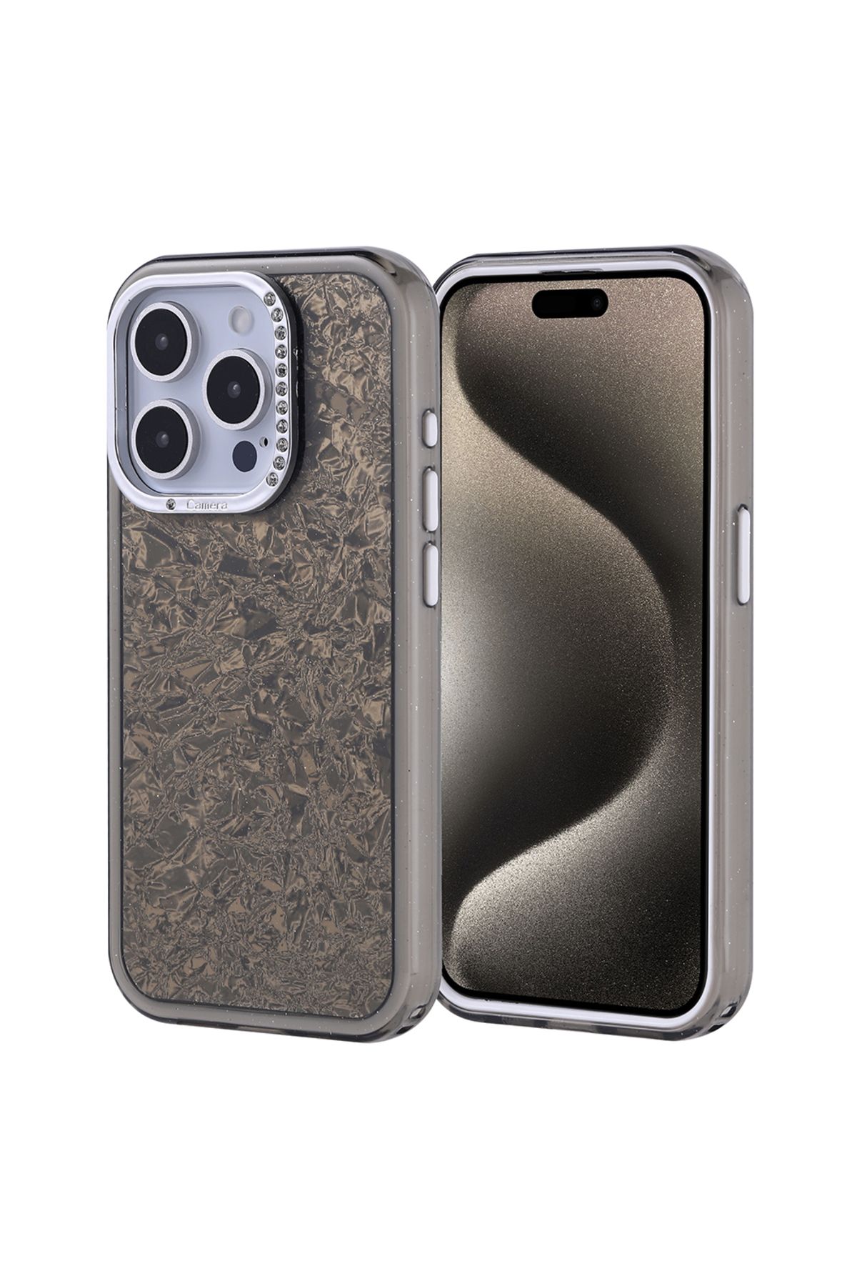 Strap U Apple iPhone 15 Pro Kırık Cam Efektli Işıltılı Kılıf Kamera Koruması Taşlı Tasarım Kapi Kapak