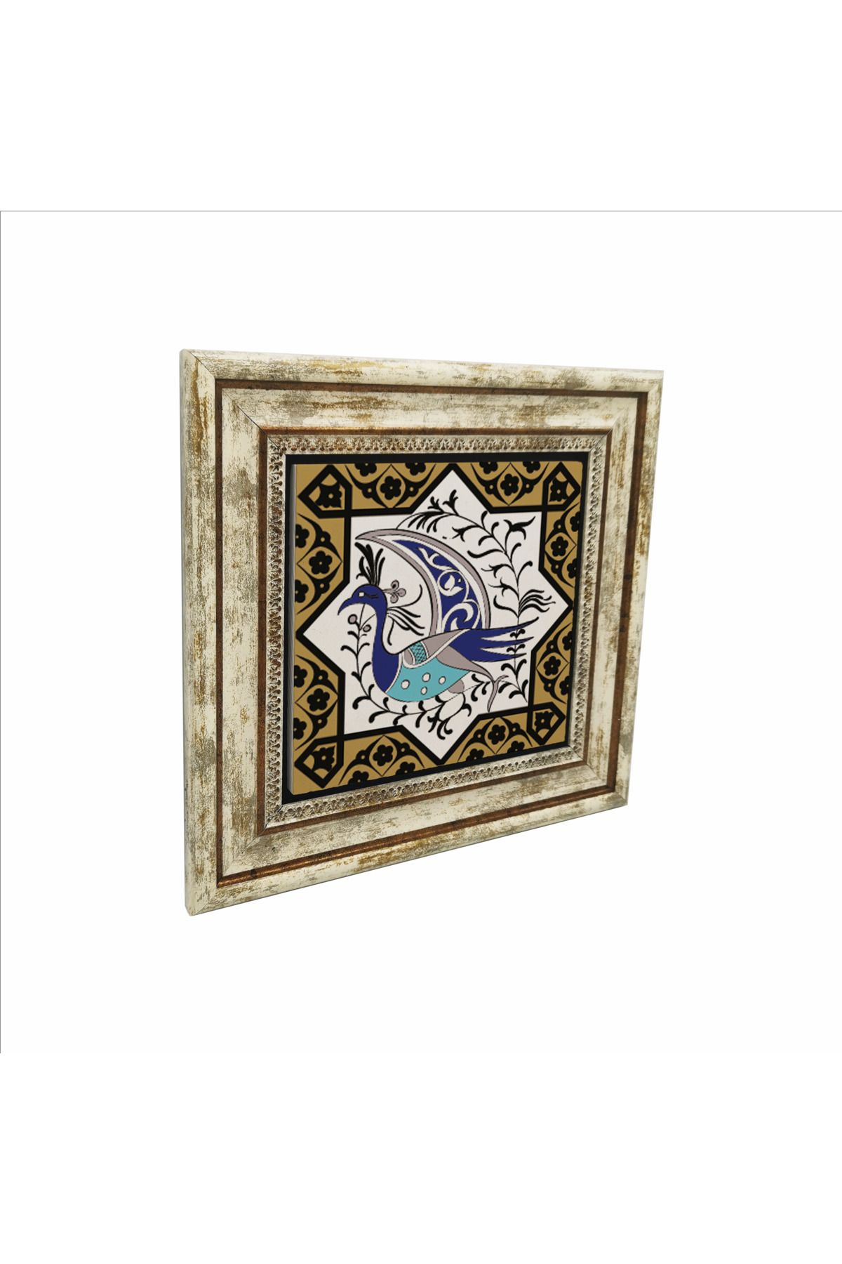 Sadrazam Tavus Kuşu Figürlü, Anadolu Selçuklu Yıldız Motifi Baskılı Doğaltaş Tablo (25 X 25 KD-31)