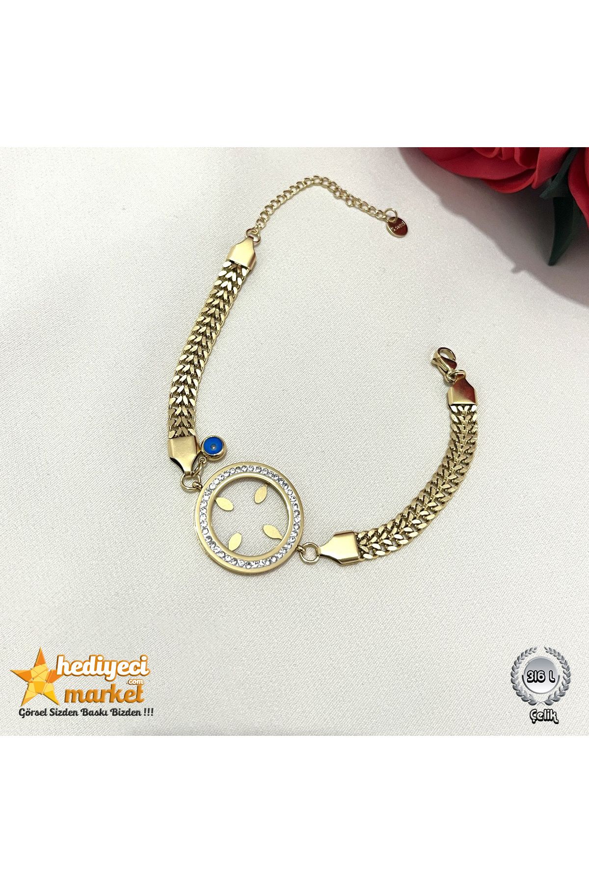 Hediyeci Market 316 L Paslanmaz Zirkon Taşlı Çift Zincir Model Çeyreklik Çelik Bileklik - HMÇB - 0088