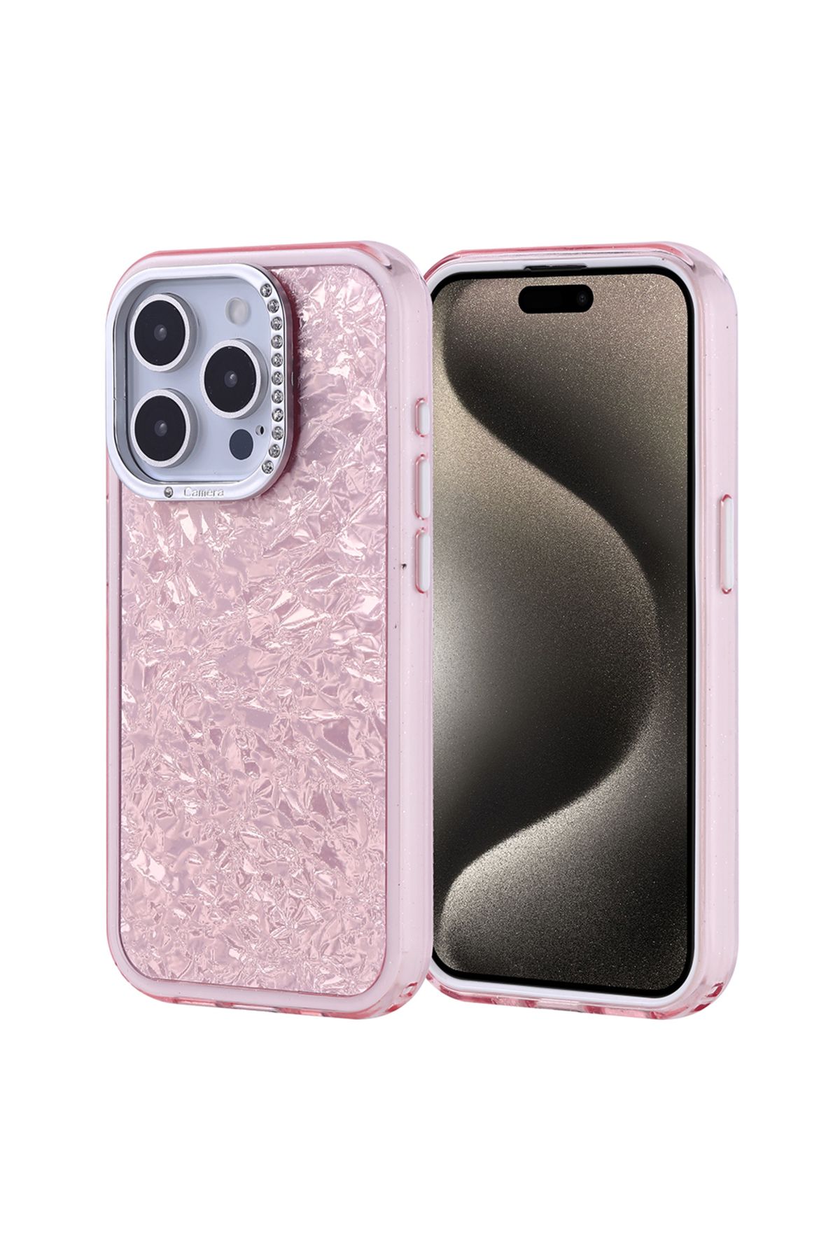 Strap U Apple iPhone 15 Pro Kırık Cam Efektli Işıltılı Kılıf Kamera Koruması Taşlı Tasarım Kapi Kapak