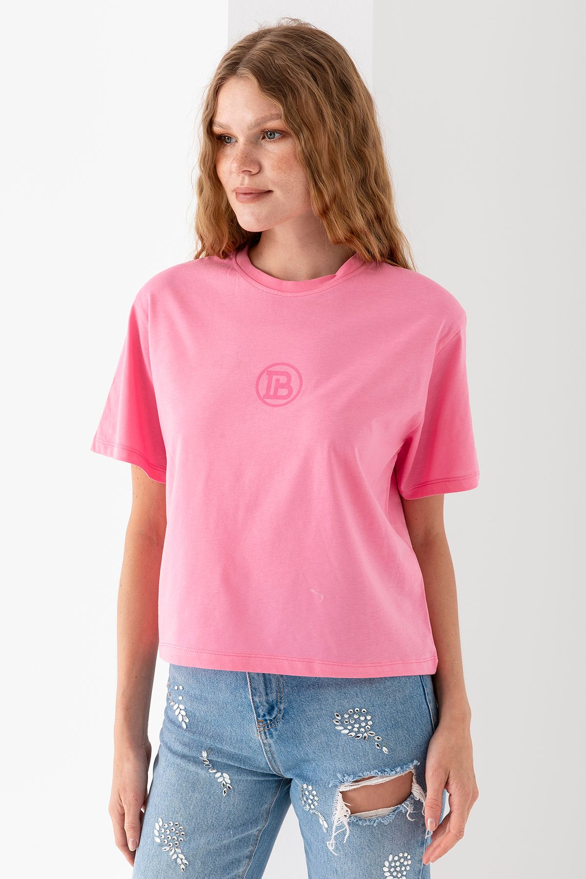 GİYSA Kadın Bisiklet Yaka Baskılı %100 Pamuklu T-Shirt Pembe - 925024
