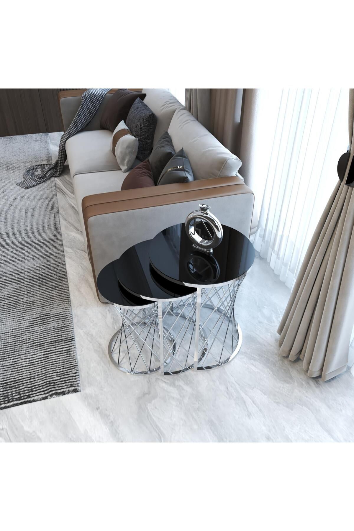 Home HASIR ZİGON SEHPA MODERN GÜMÜŞ TEMPERLİ SİYAH CAM