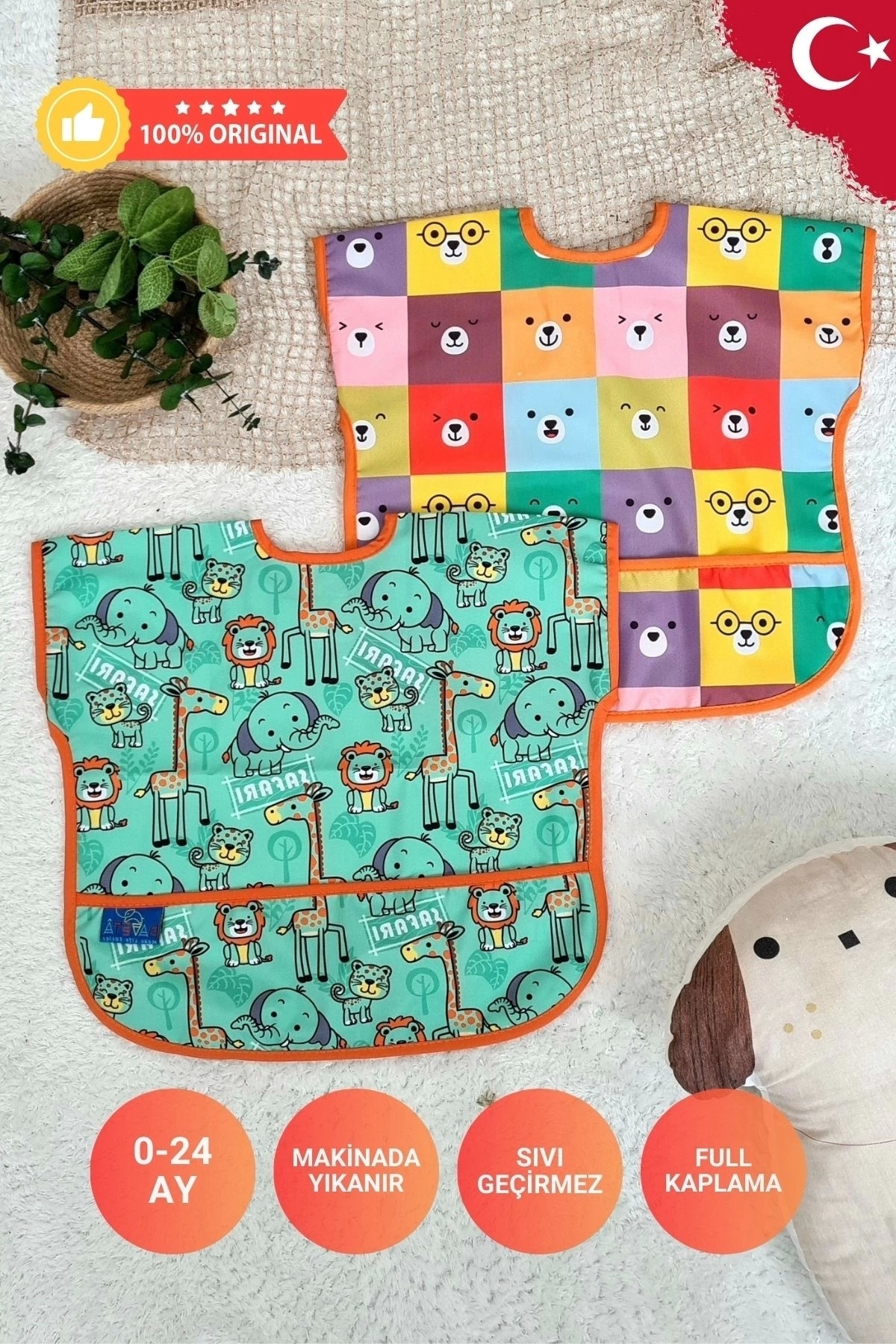 Sıvı Geçirmez Kolsuz 6-24 Ay 2'li Aktivite ve Mama Önlüğü ( COLOUR-SAFARİ)