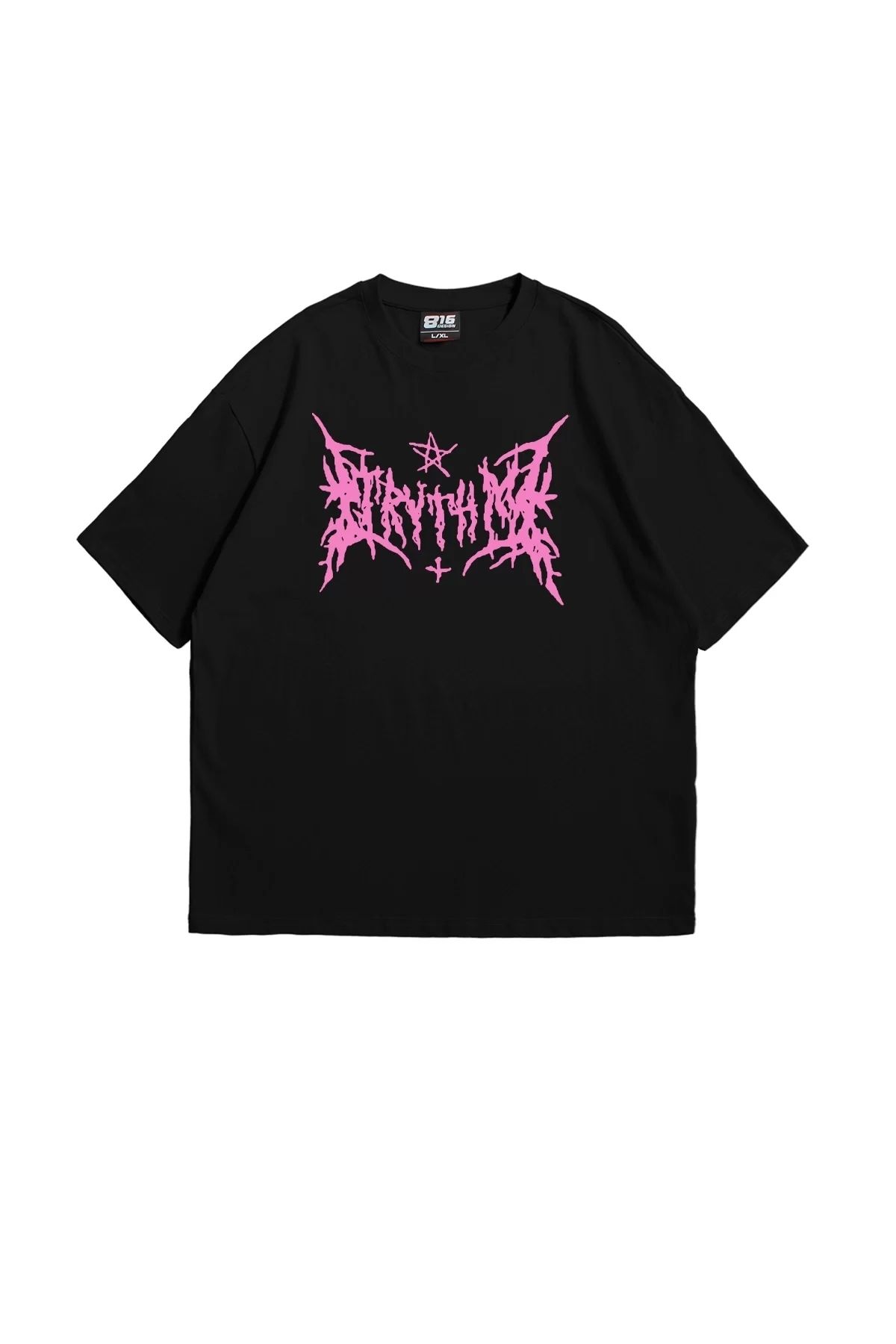 Bak Moda Pink Gotik Baskılı Oversize Unisex Siyah Tshirt